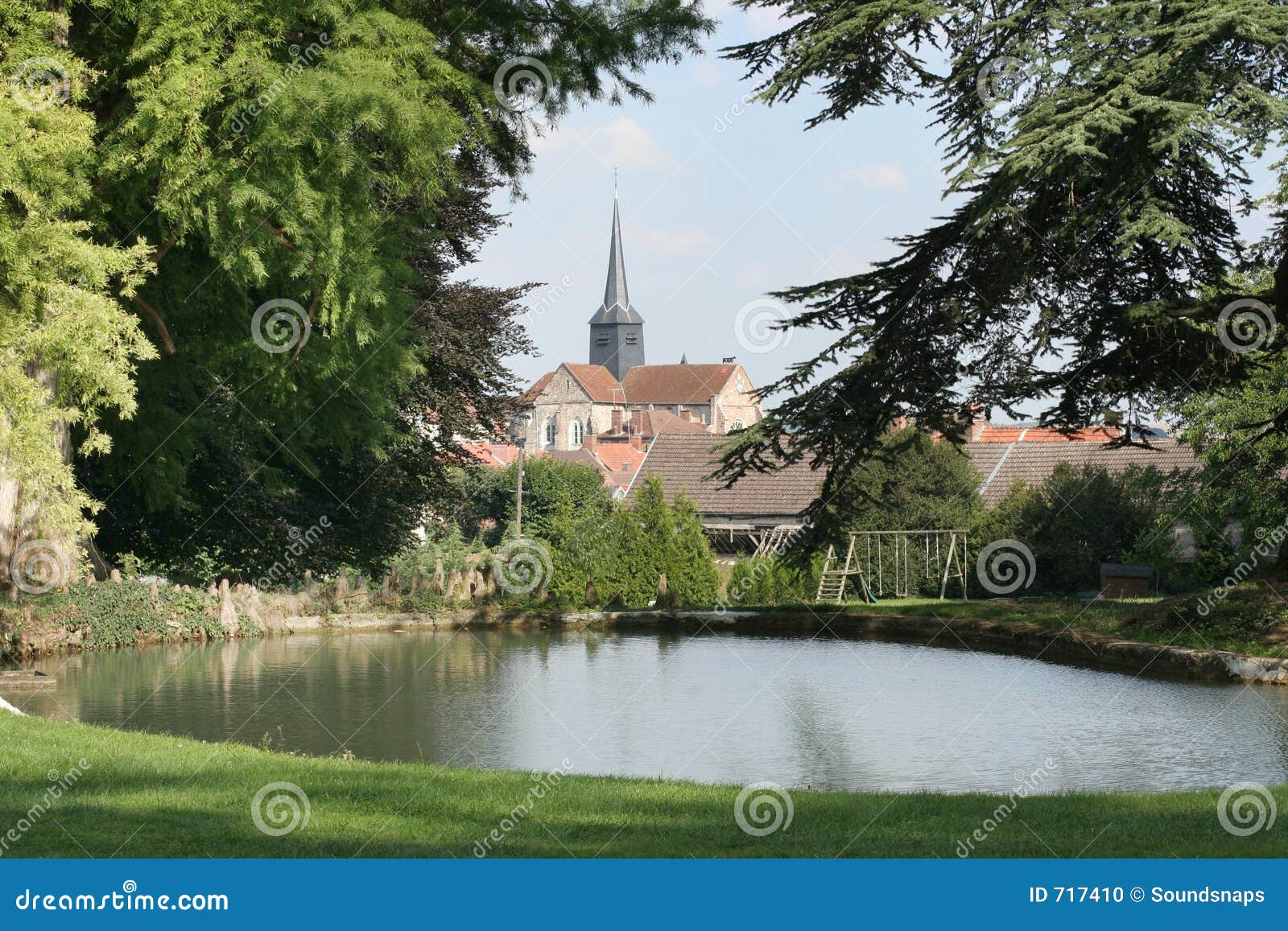 Village pond and Church stock photo. Image of steeple, recreational