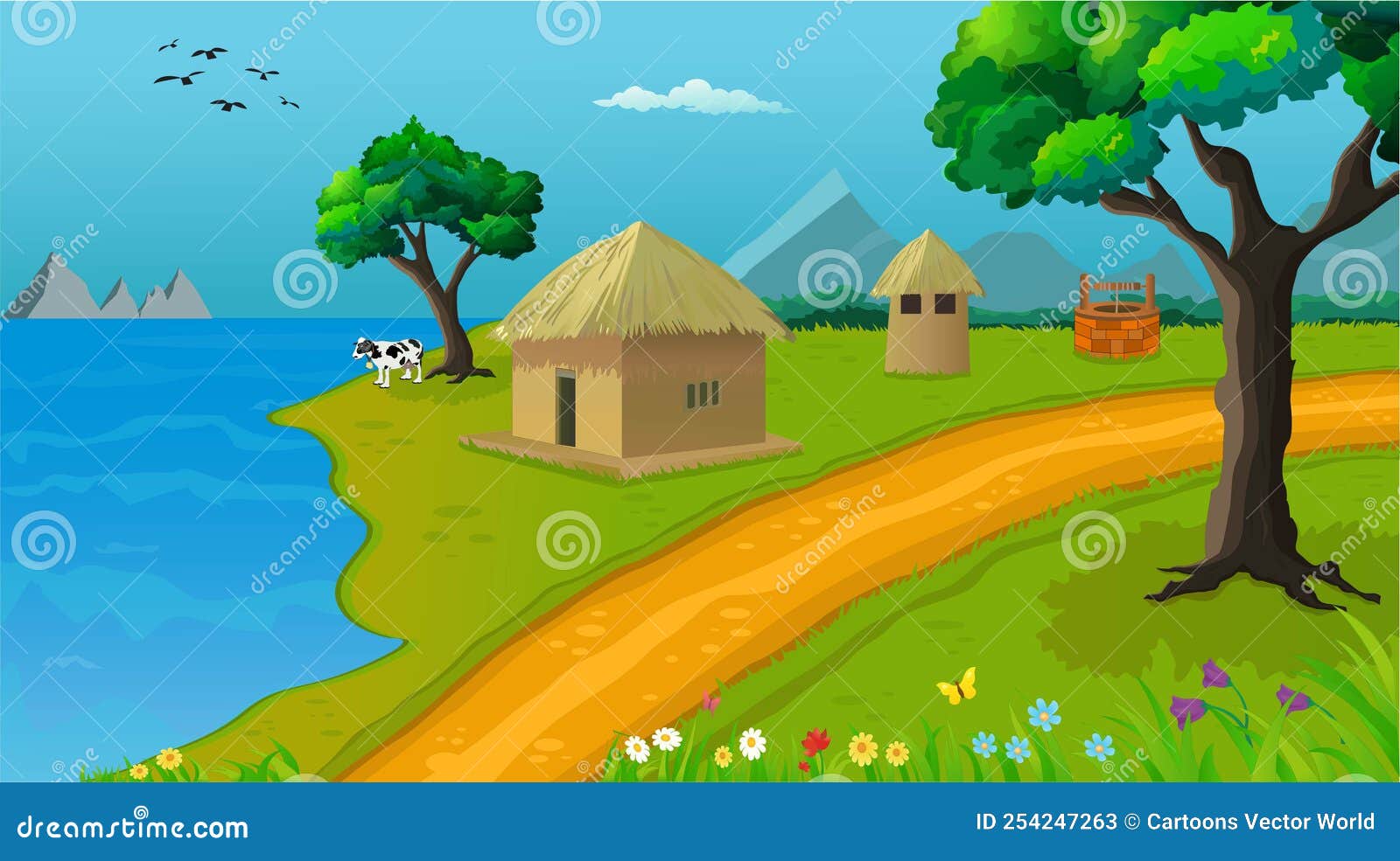 Village Cartoon Background Illustration with Cow, Cottage, Lake, Trees, and  Narrow Road. Stock Vector - Illustration of agriculture, meadow: 254247263