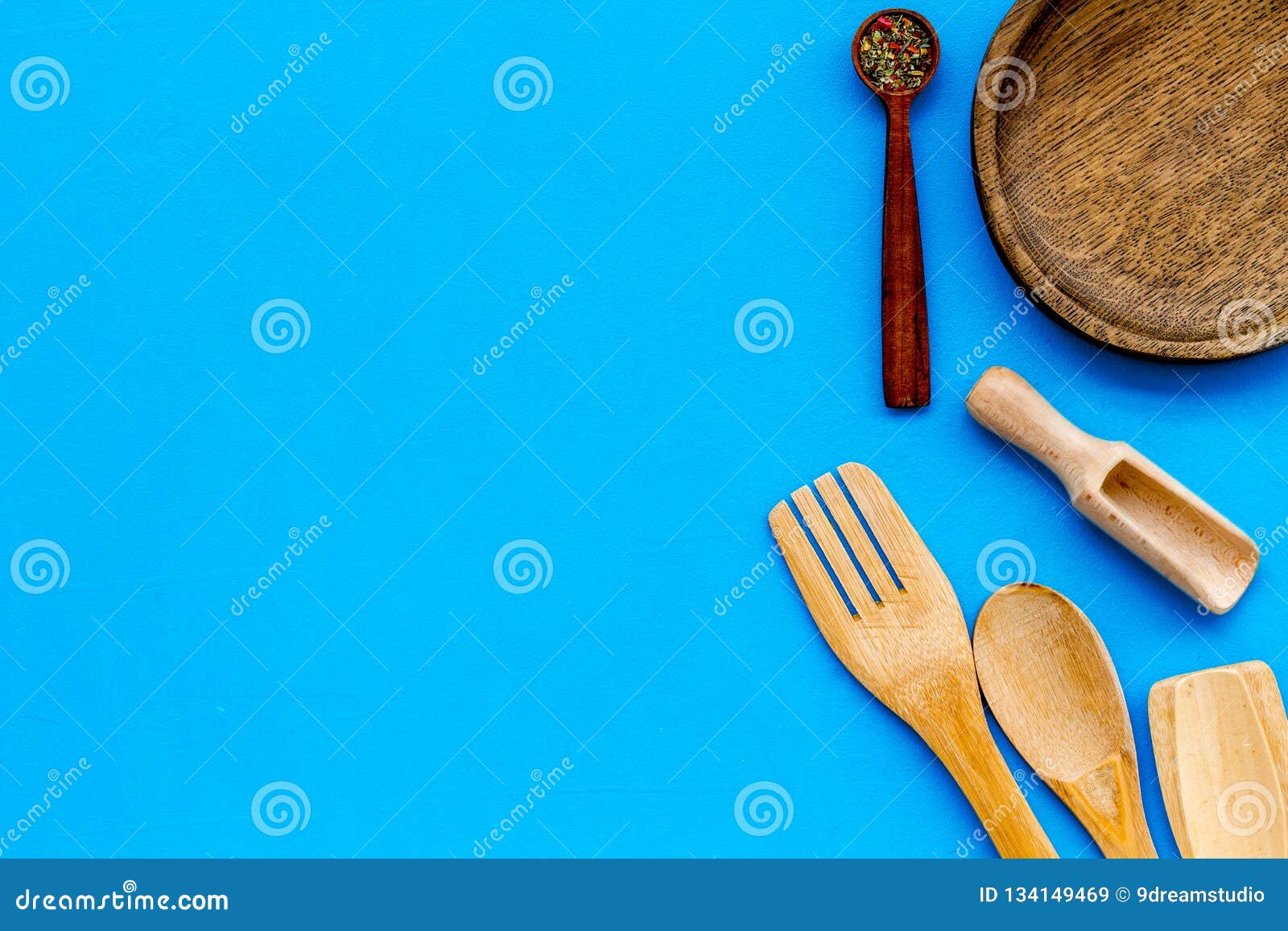 Download Village Wooden Cutlery Set Blue Table Background Top View Mockup Stock Image - Image of desk ...