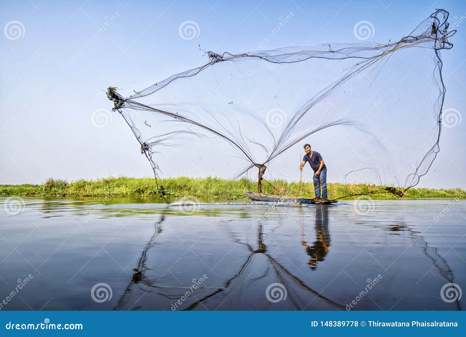Villagers are Casting Fish. Fisherman Fishing Nets Stock Photo