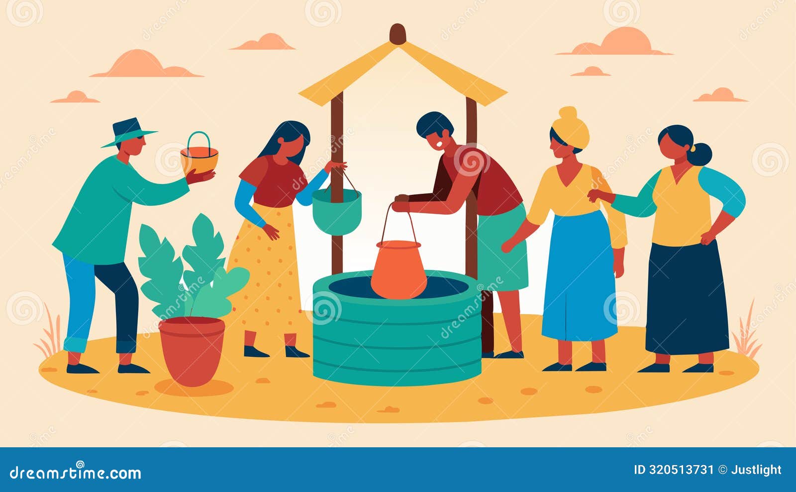 the villagers gather around the well with empty hands unable to perform their daily tasks without the lifesustaining