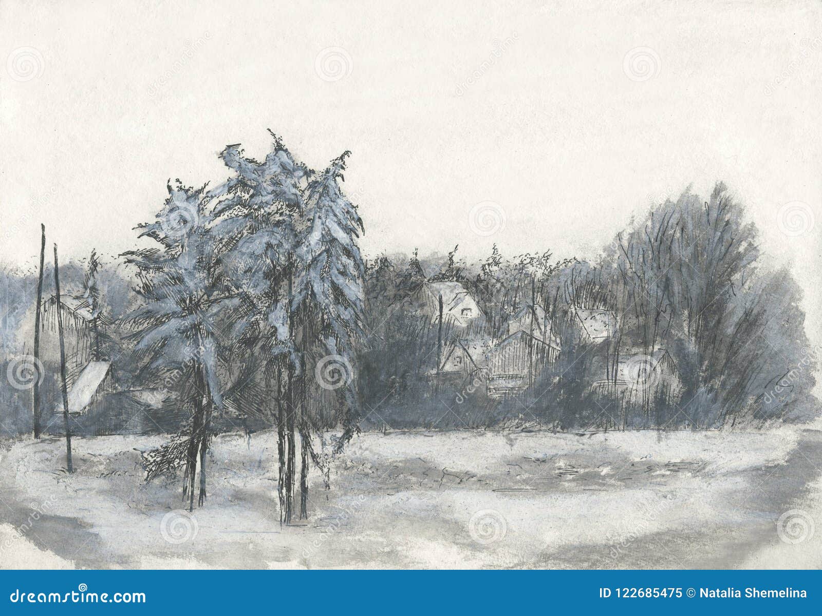 Villaggio Disegno Del Paesaggio Di Inverno In Bianco E Nero