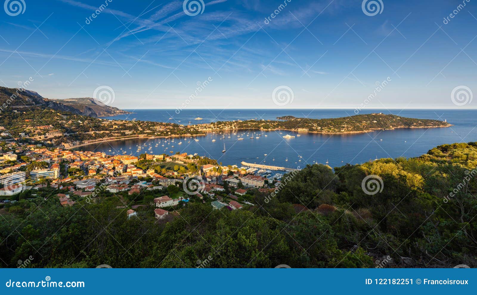 villefranche-sur-mer and saint-jean-cap-ferrat in summer at sunset. french riviera, provence-alpes-cote-d`azur, france