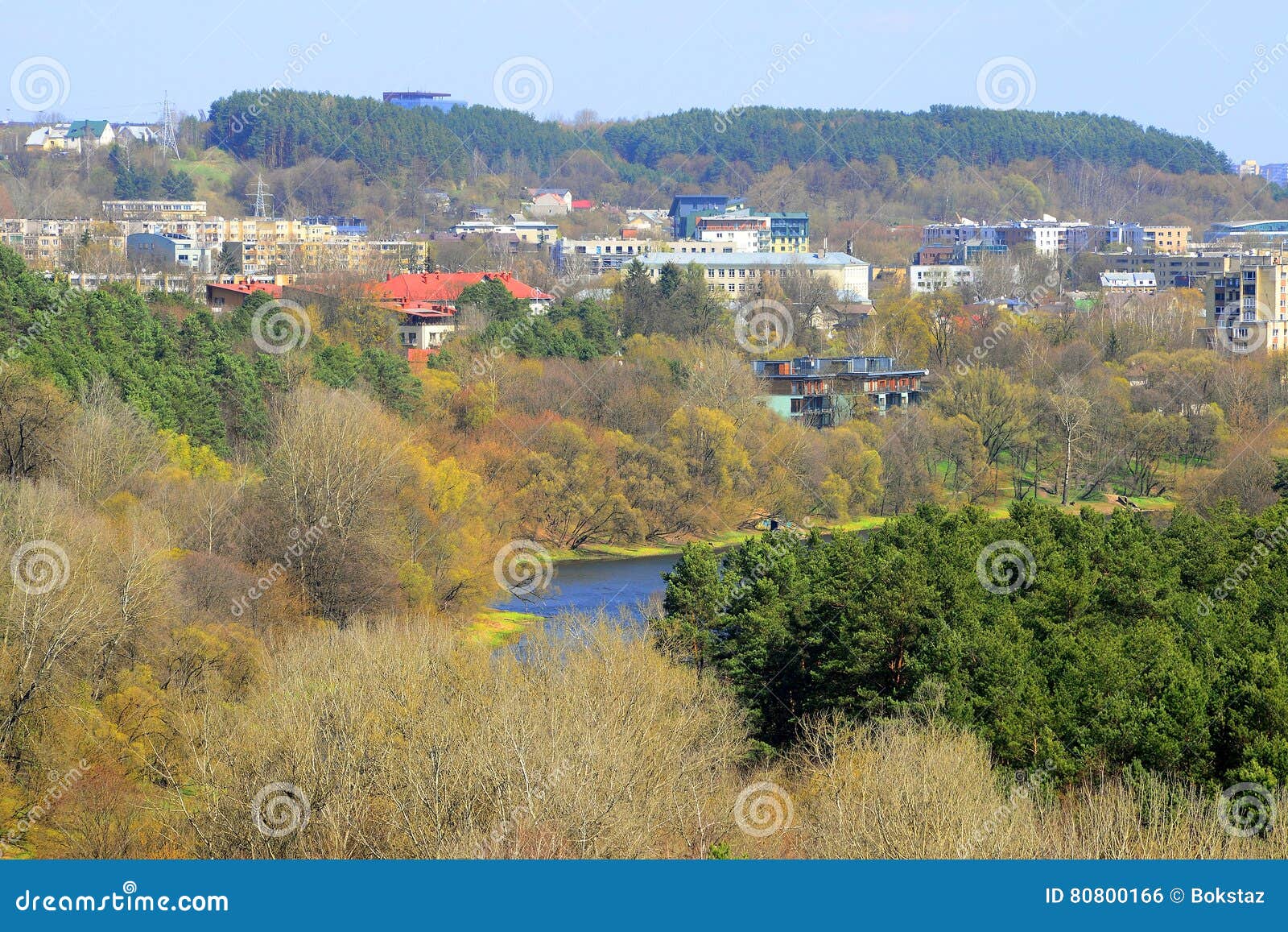 vilnius city view from neris river board in lazdynai district
