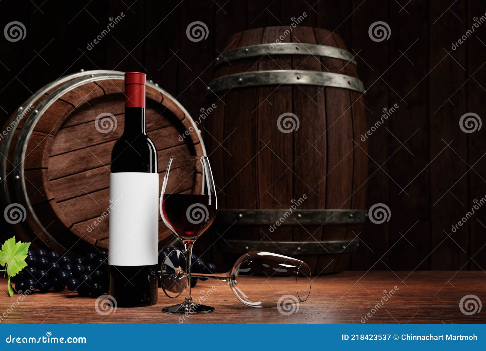 Vin Rouge Dans Un Grand Verre Transparent à Côté De La Bouteille De Vin  Foncé. Cuve De Fermentation De Vin En Bois. Tonneau En Boi Illustration  Stock - Illustration du liqueur, cave
