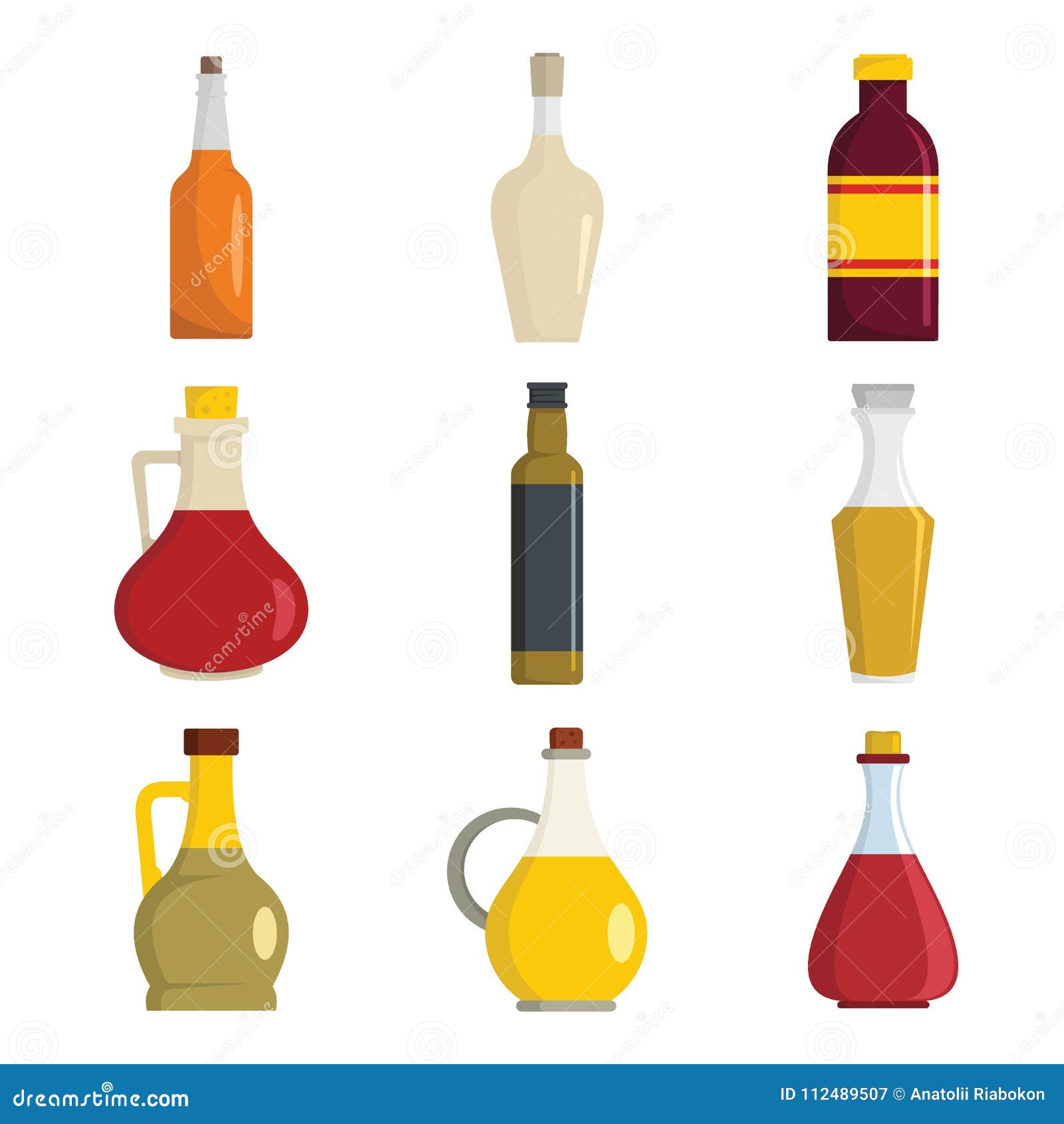Vinegar Bottle Icons Set, Flat Style Stock Vector Illustration of