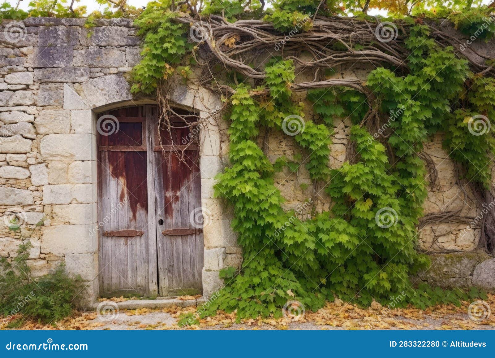 Vines Framing a Rustic Wooden Door in a Stone Wall Stock Photo Image