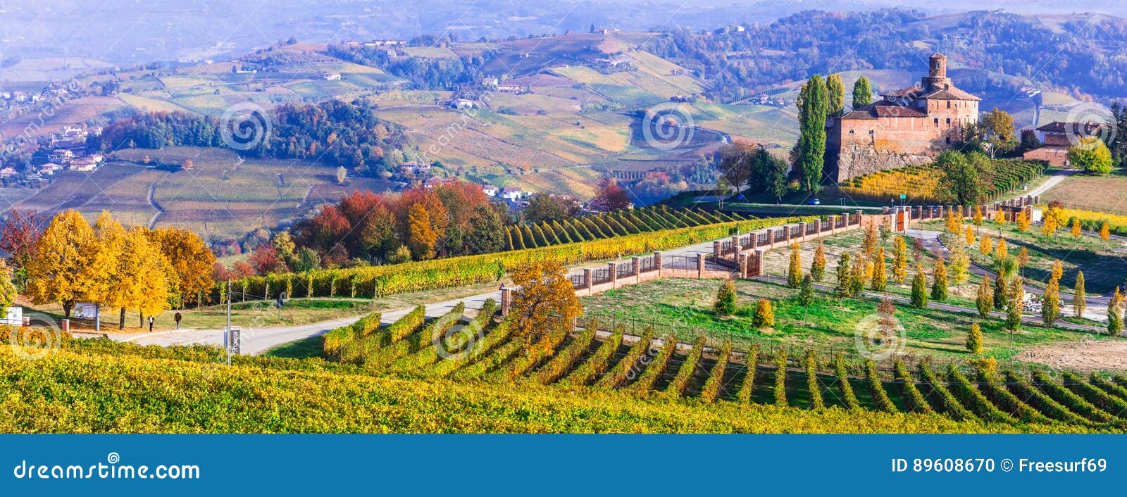 vineyards and castles of piemonte in autumn colors. italy