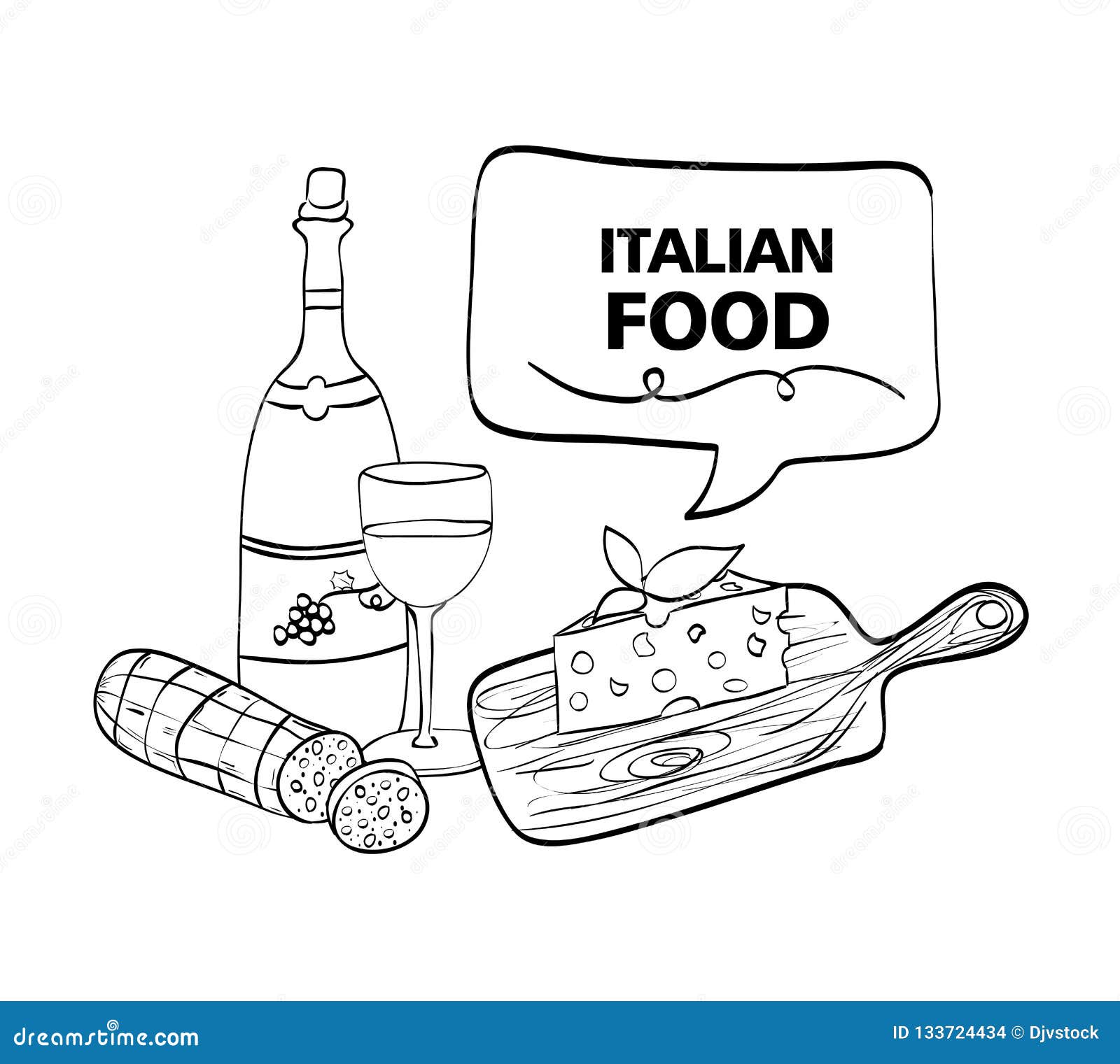 Vinho com menu italiano do alimento. Vinho com projeto italiano da ilustração do vetor do menu do alimento