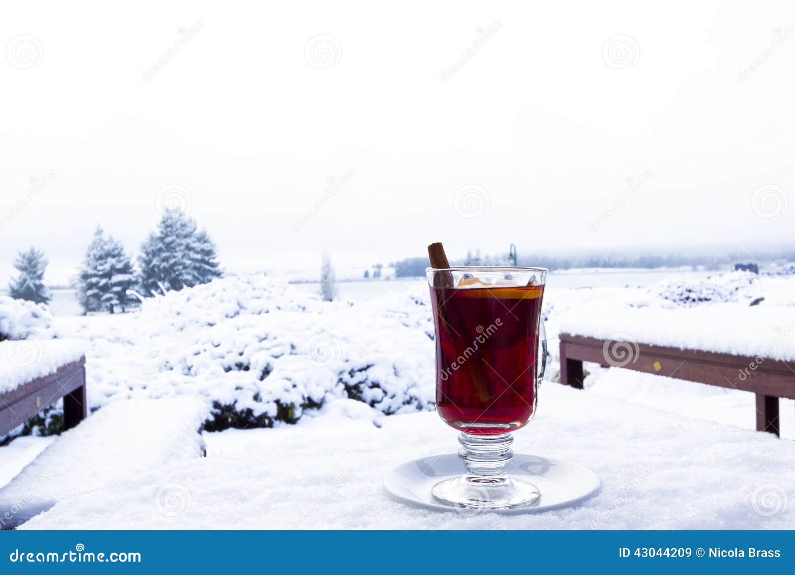 Vino reflexionado sobre en la nieve. Vino reflexionado sobre afuera en un día nevoso