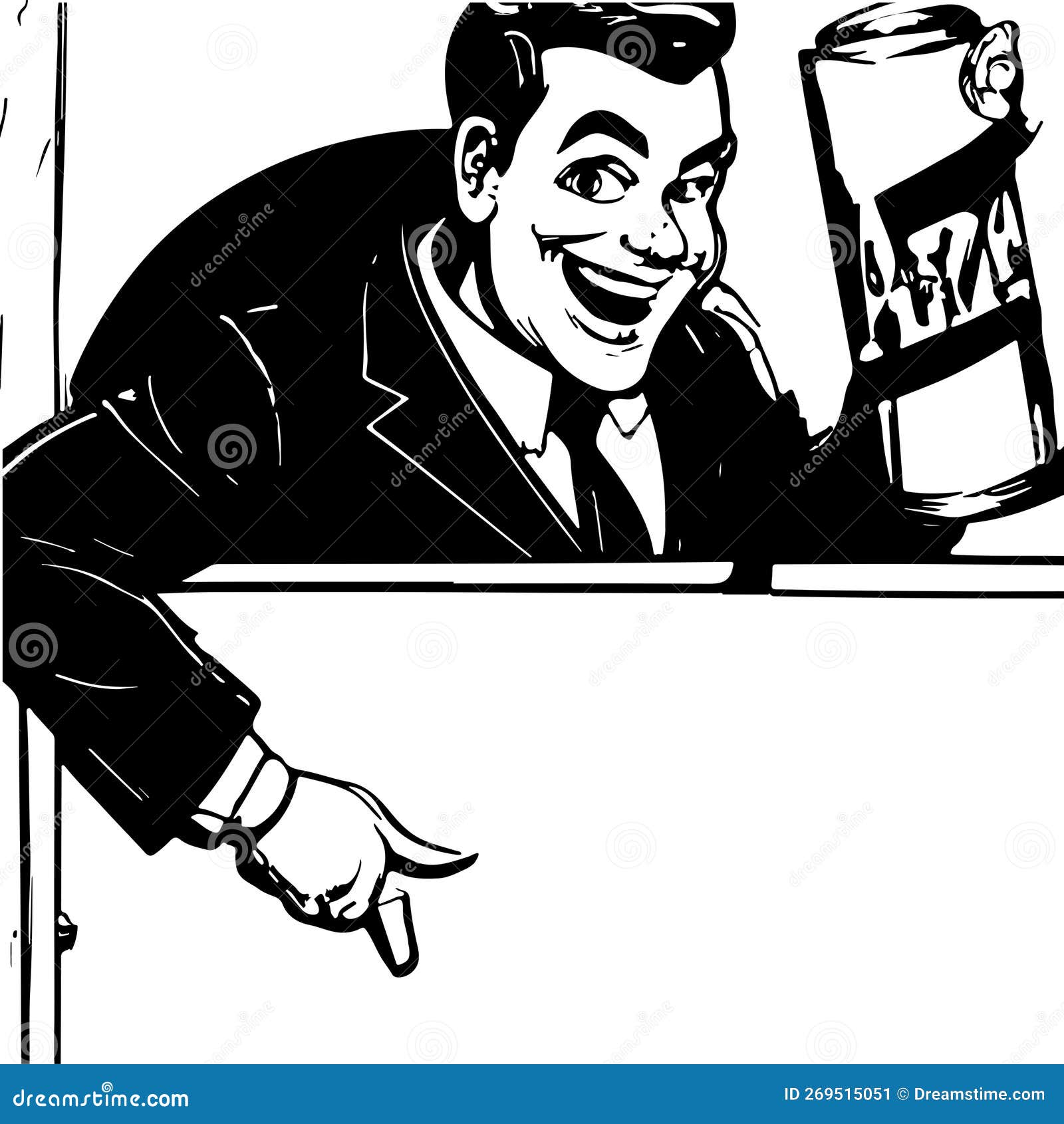 Vintage Advertising Man Pointing Down Black and White Stock Vector