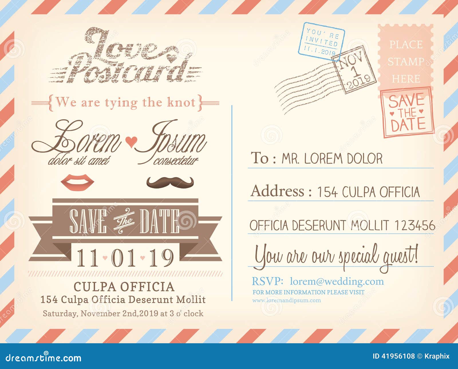 vintage airmail postcard background template for wedding invitation