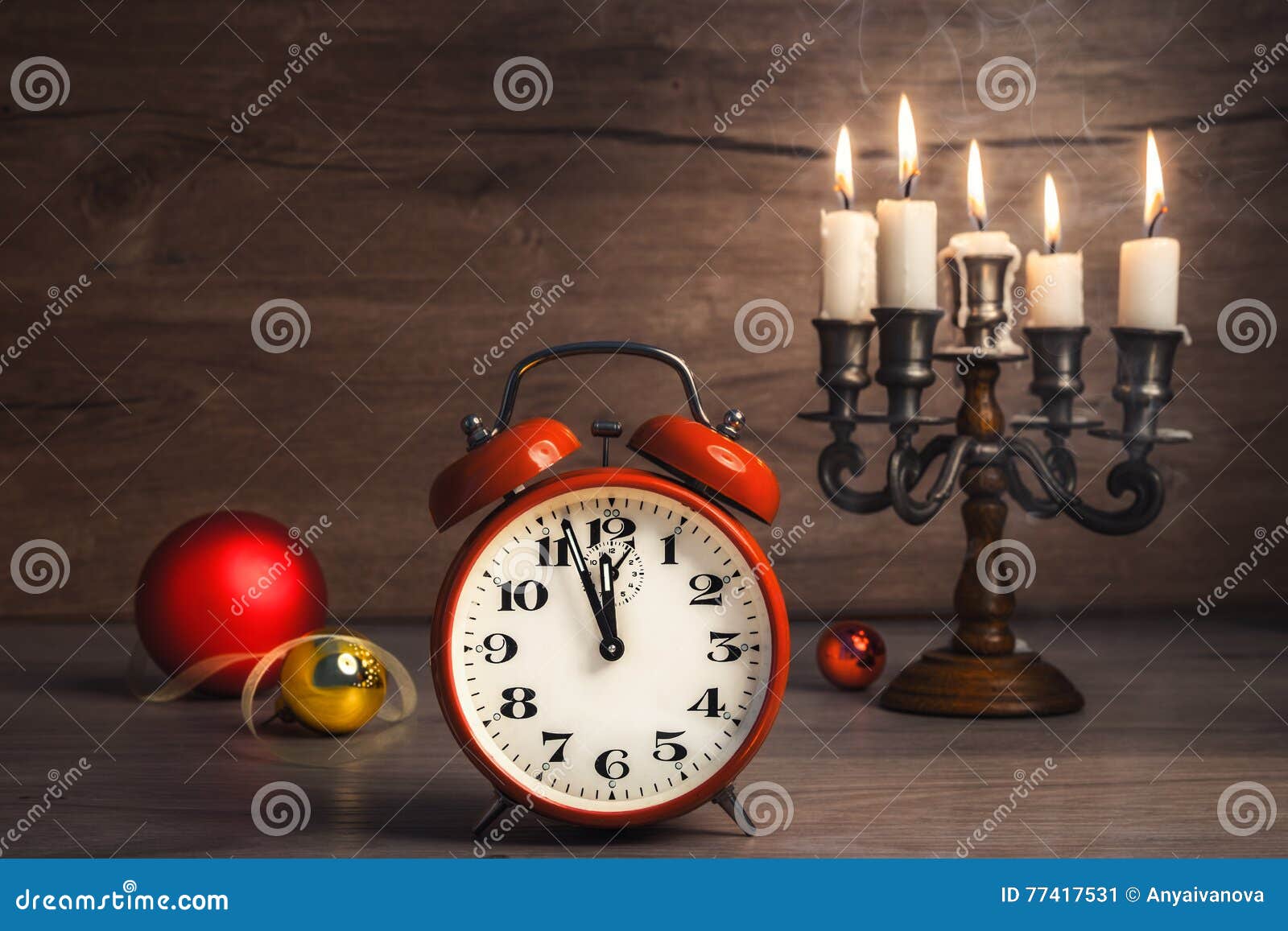 Vintage Alarm Clock Showing Five To Twelve and Christmas Baubles Stock ...