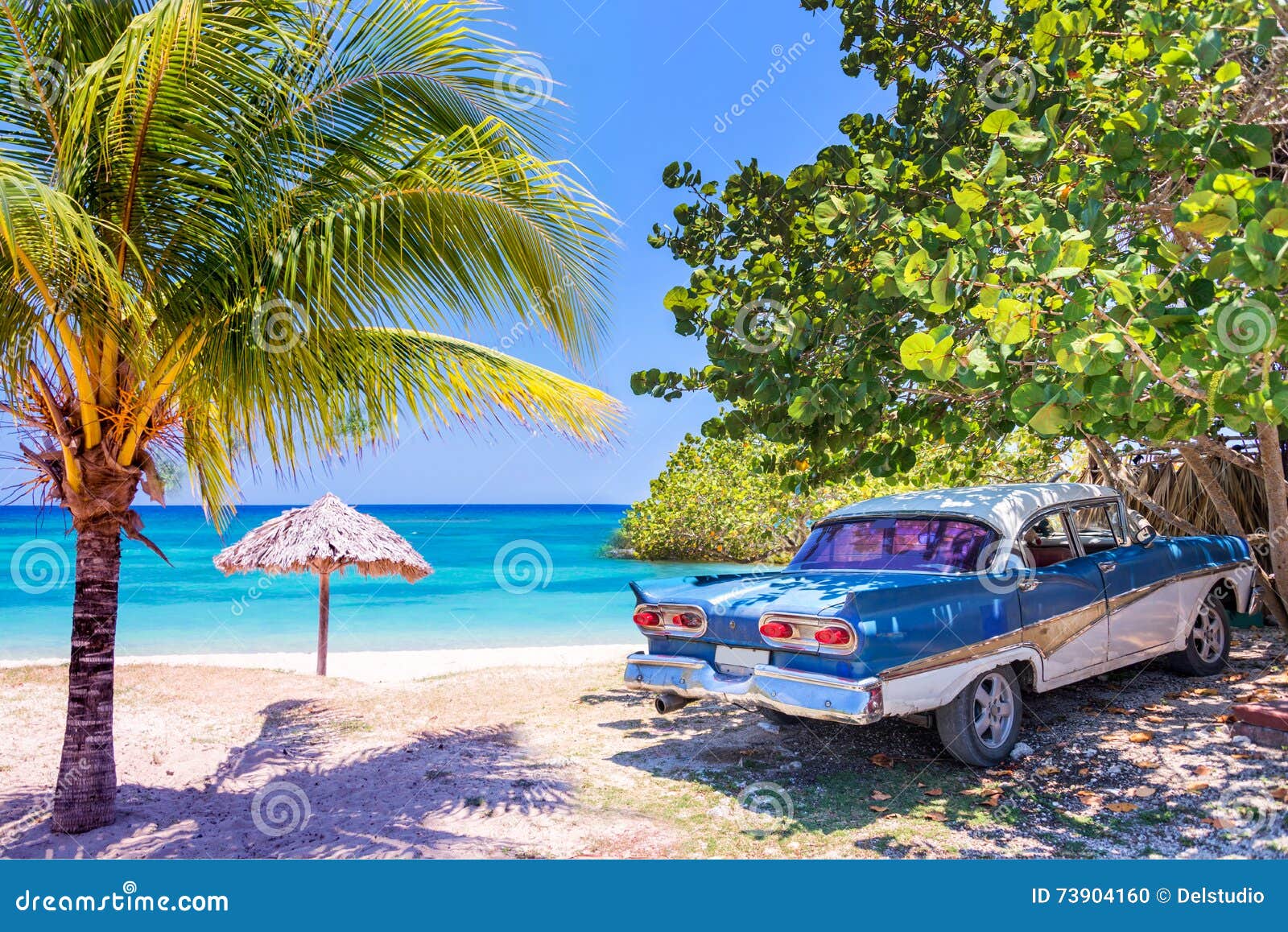 Vintage American Oldtimer Car on a Beach in Cuba Stock Photo Image of