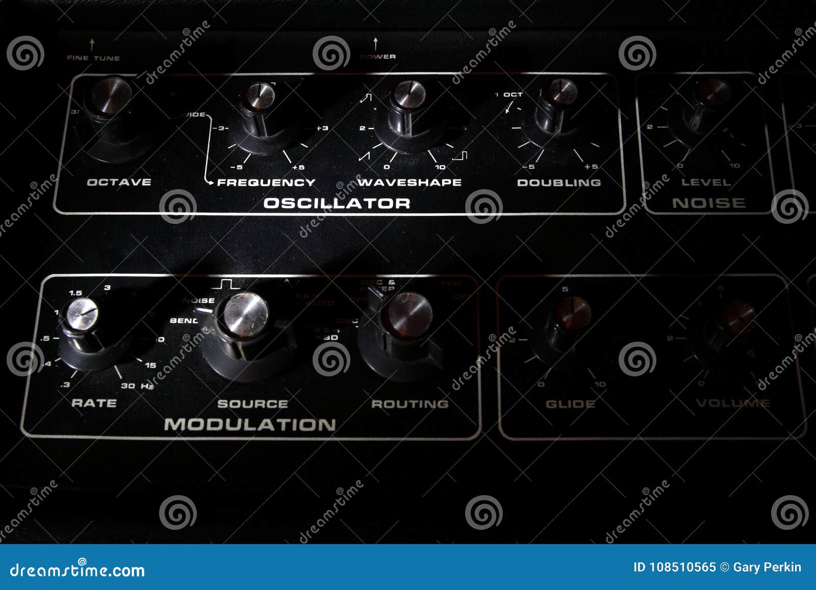 Vintage Analogue Synth Control Panel Closeup in Shallow Focus Stock