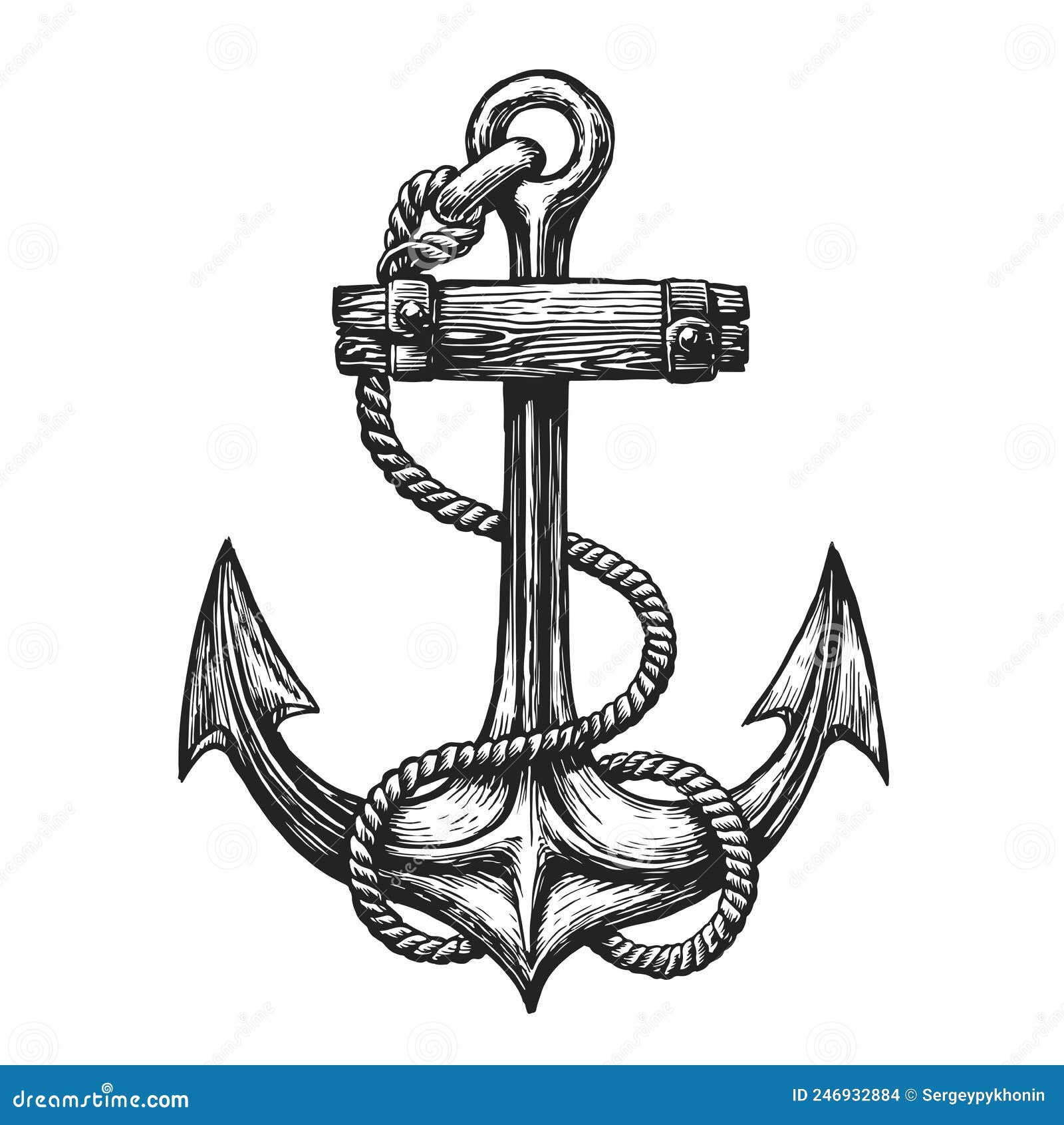 Vintage Anchor with Rope Drawn in Engraving Style. Hand Drawn Seafaring ...