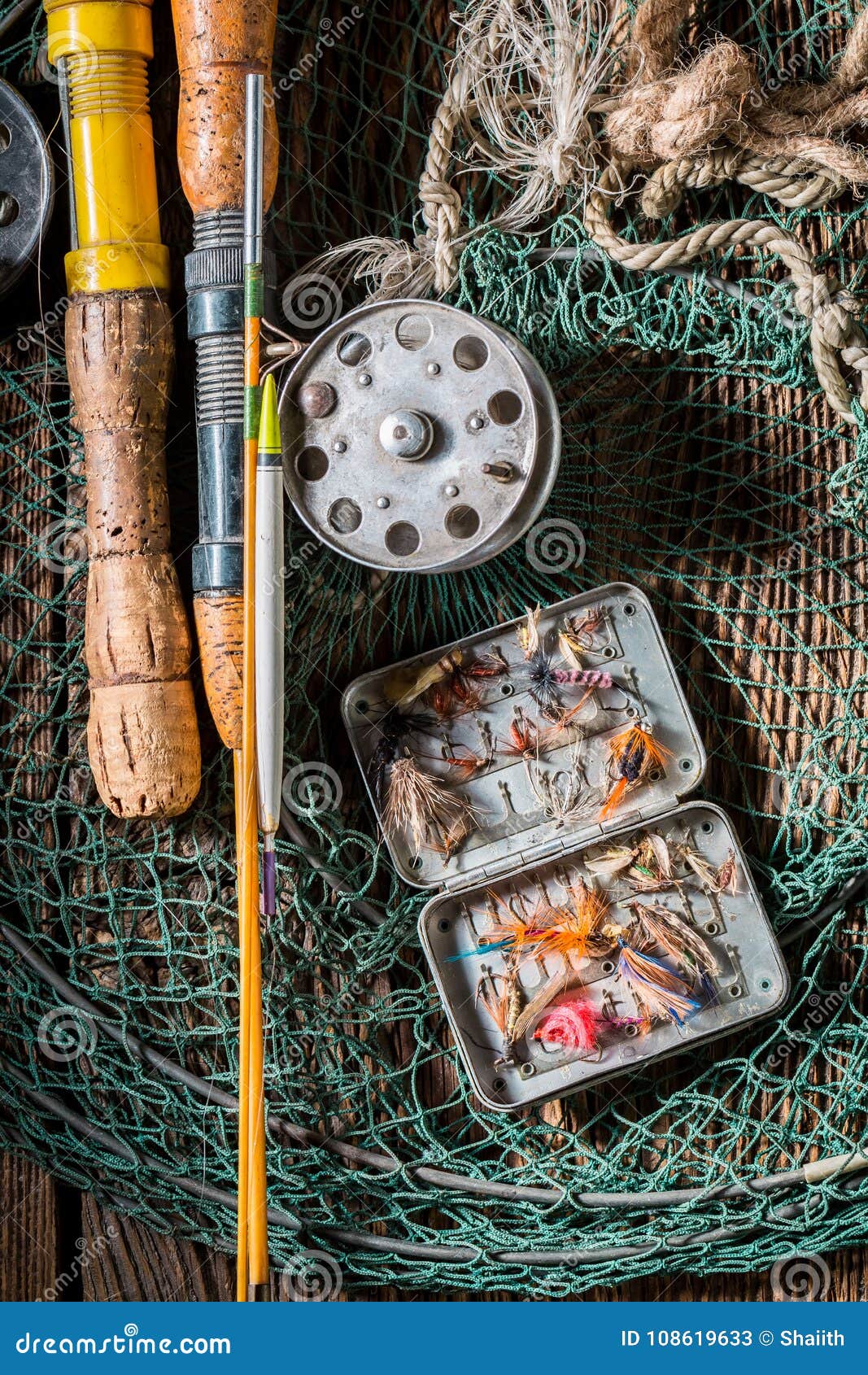 Vintage Angler Equipment with Flies, Floats and Rods Stock Image - Image of  recreation, retro: 108619633