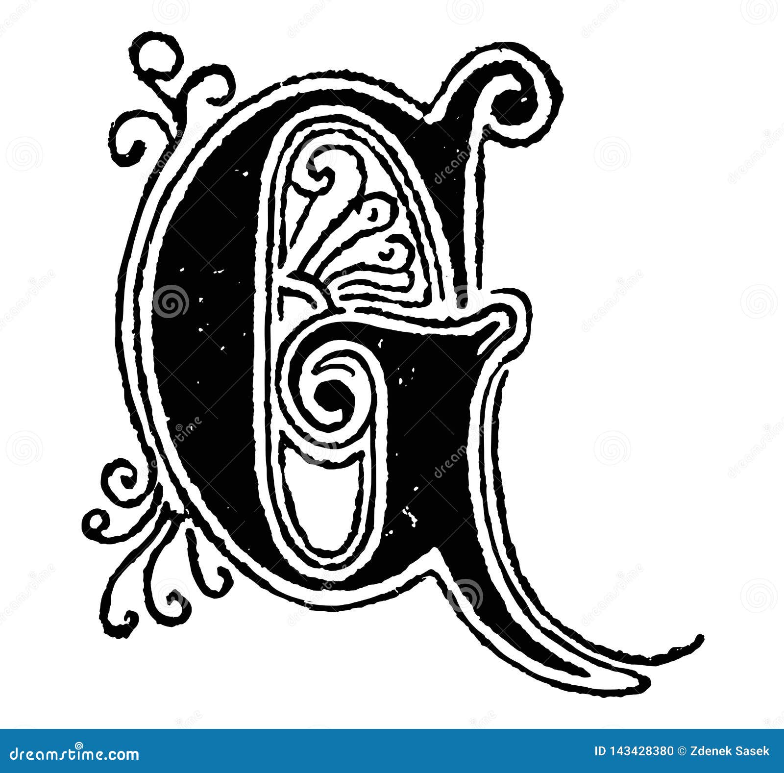 Vintage Drawing of Decorative Capital Letter G with Ornament Around and ...