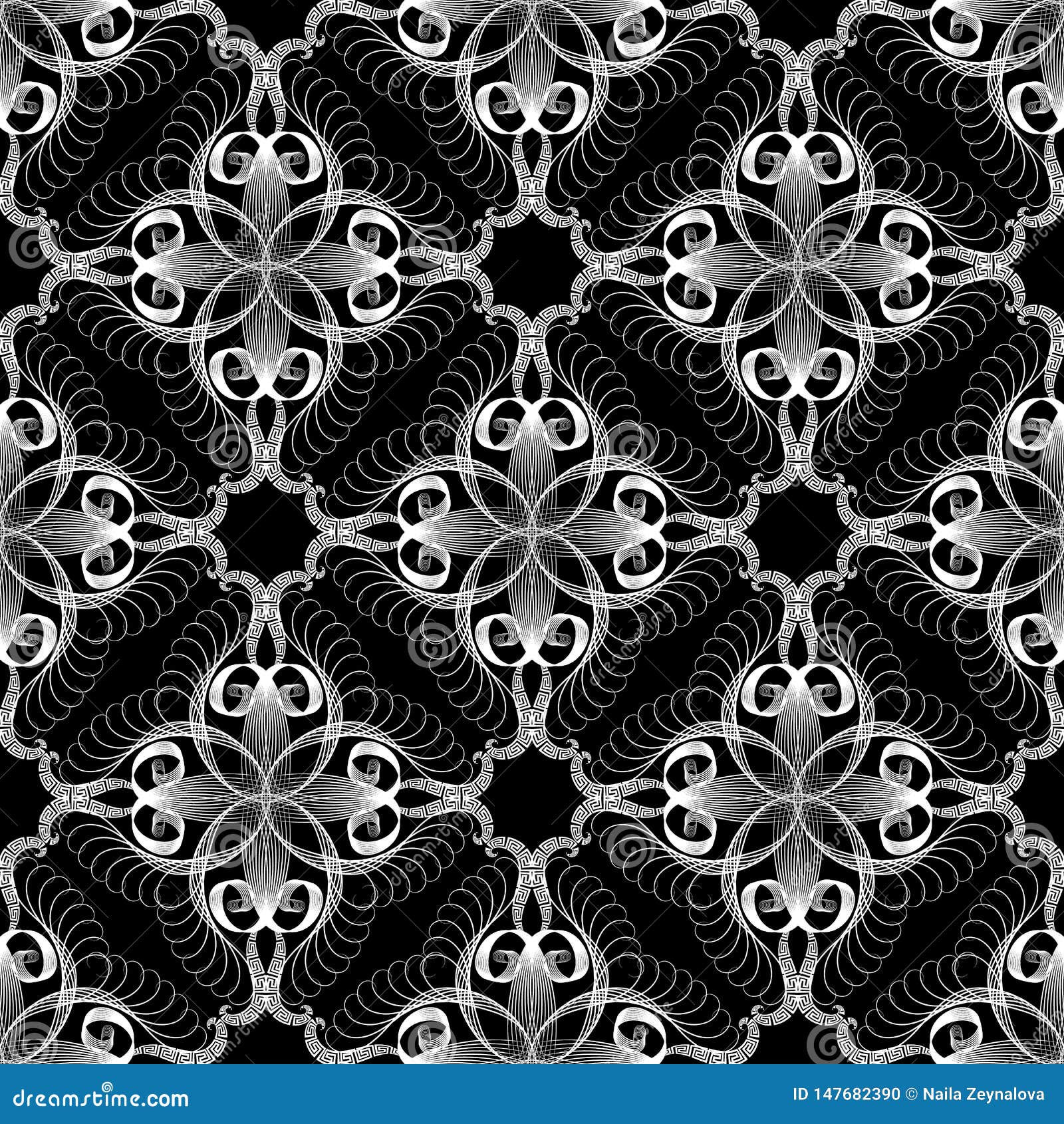 Vintage Arabesque Black and White Vector Seamless Pattern. Greek Style