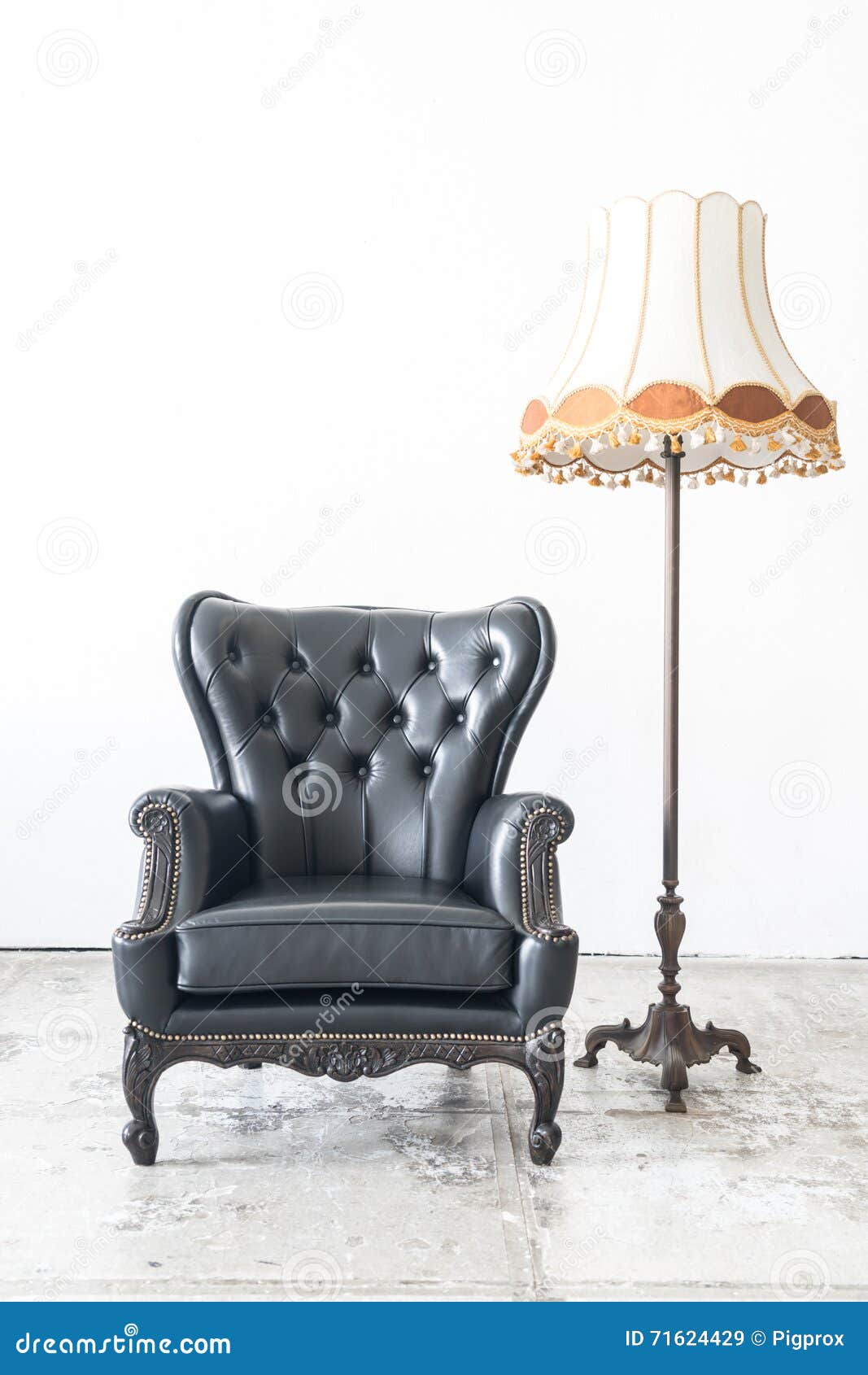 Vintage Armchair and Lamp on White Wall. Stock Image Image of