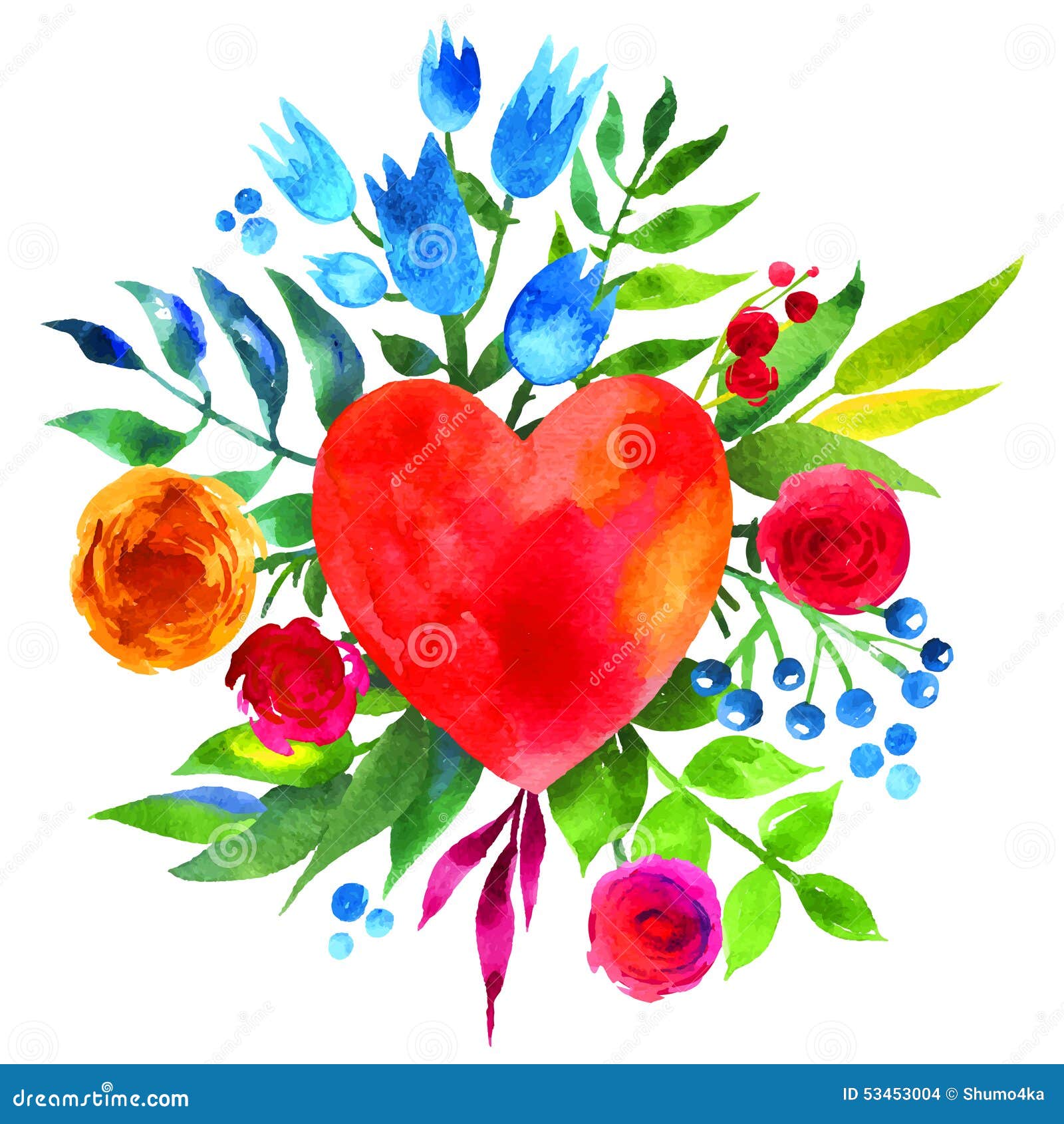 Vintage Background With Flowers In Love And Flower Heart Beautiful Watercolor Floral Heart Love Heart Icon Summer Botanical Stock Illustration Illustration Of Design Bright 53453004