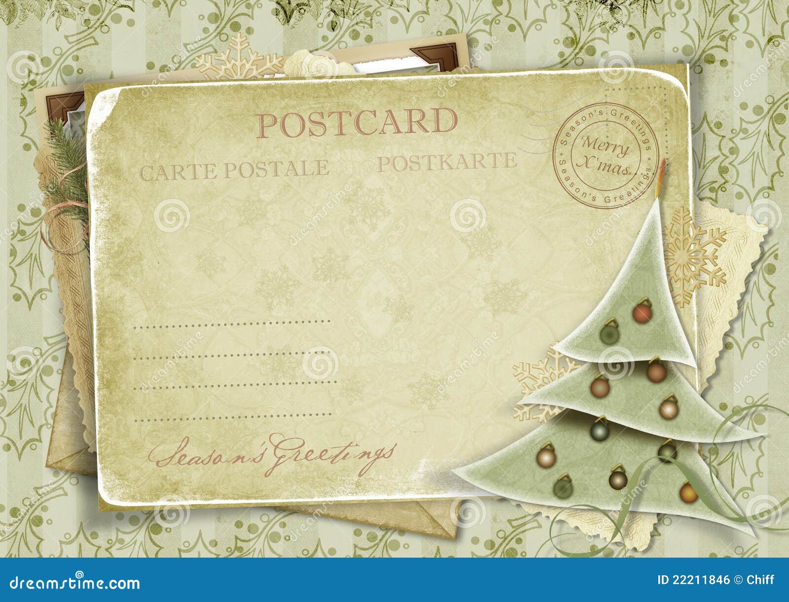 Vintage Background with Postcard and Christmas Tr Stock Photo ...