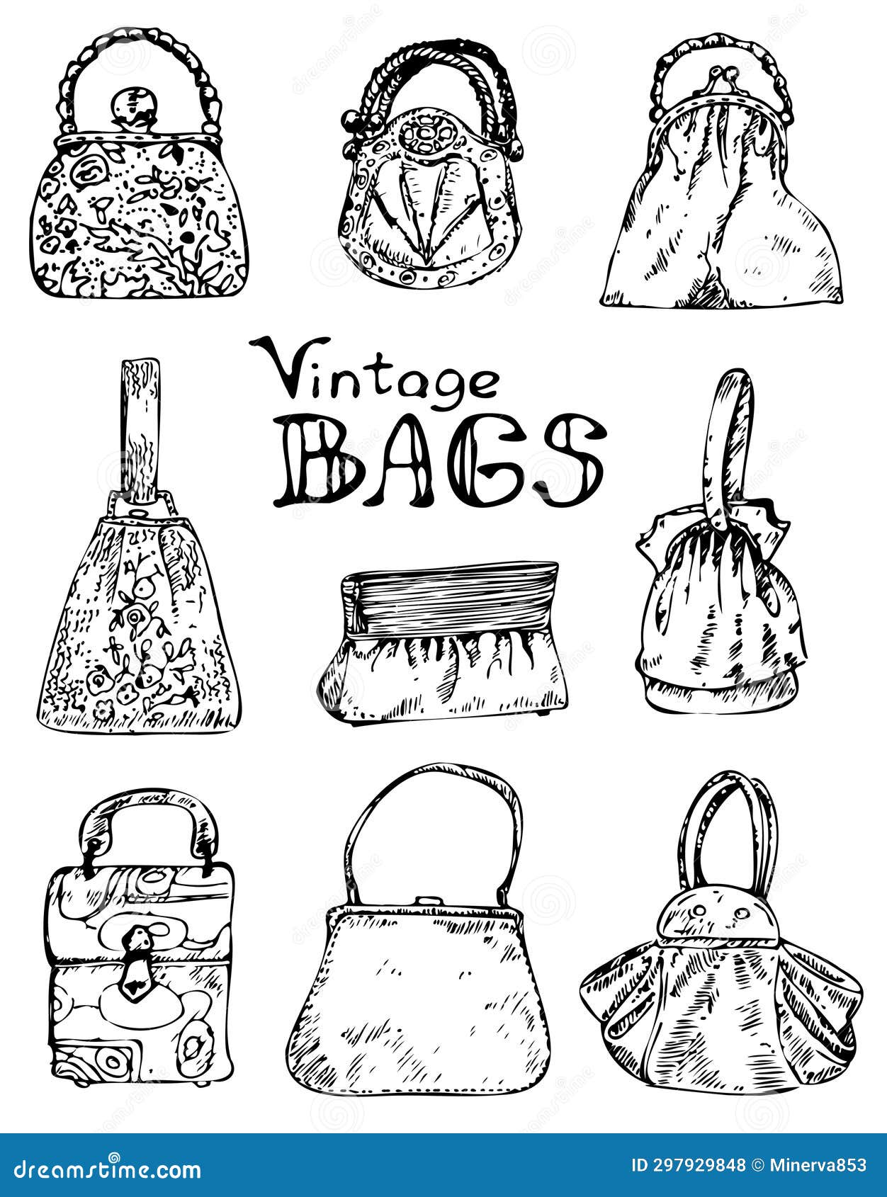 Vintage Bags. Vector Handdrawn Illustration. Lady Bags, Wallets and Purses. Stock Illustration