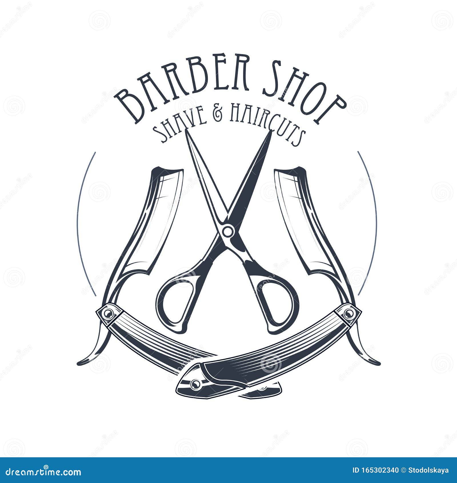 vintage barbershop or hairdressing salon emblem, scissors and straight razor, barber shop logo