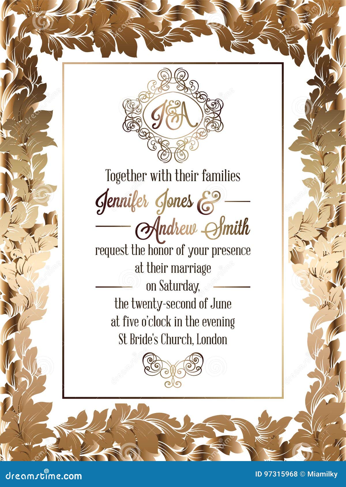 vintage baroque style wedding invitation card template. stock