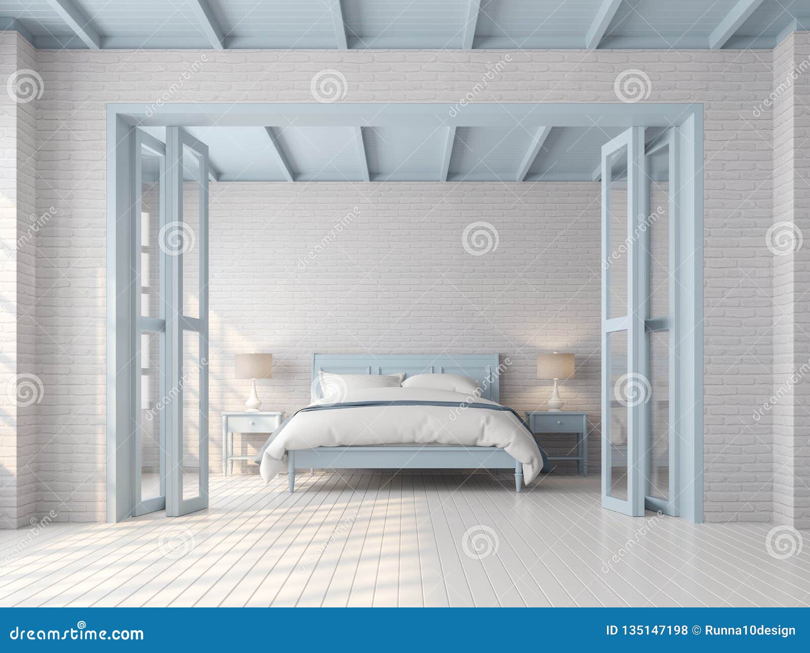 Vintage Bedroom With Blue Pastel Color 3d Render Stock