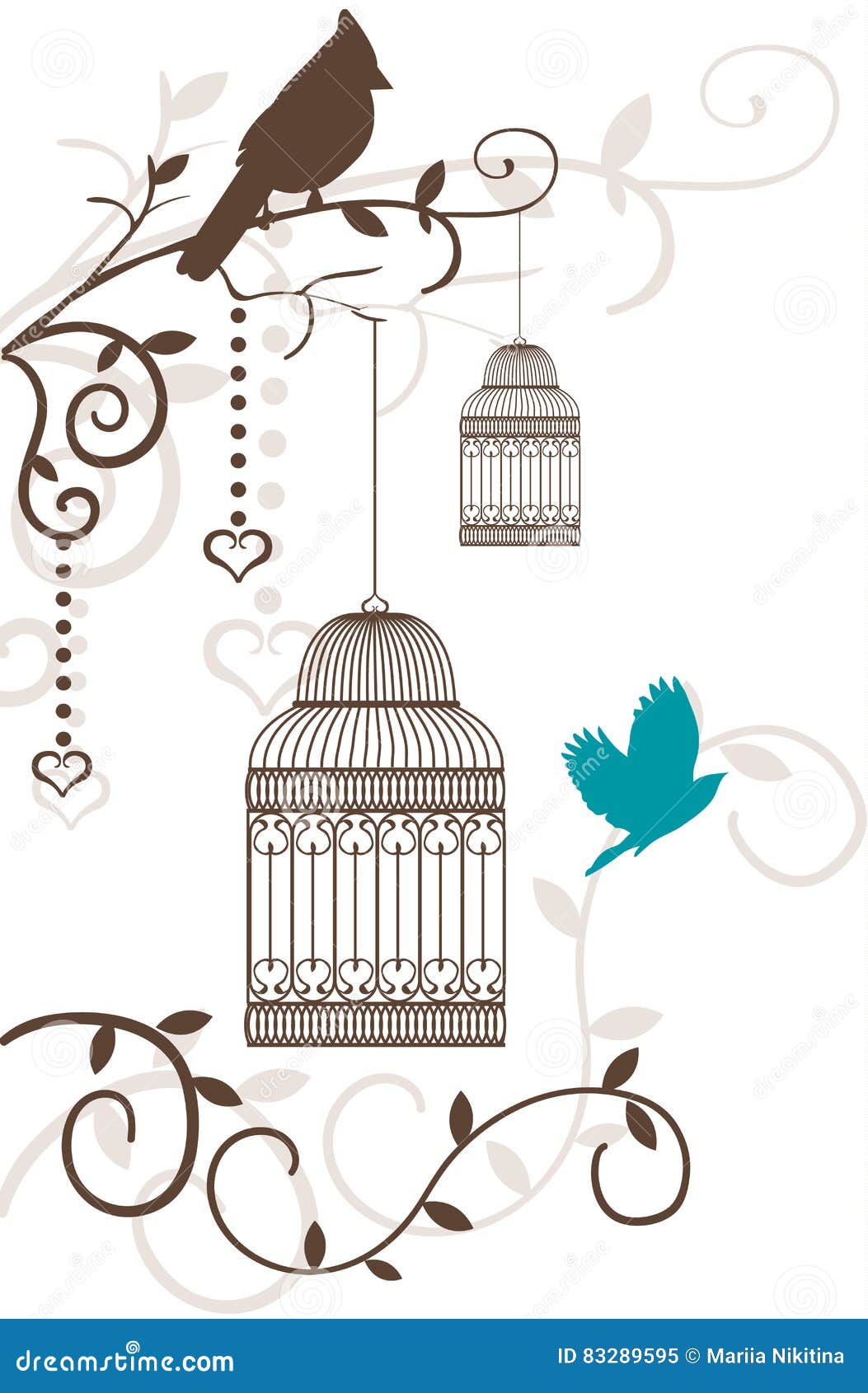 Vintage Bird Cage with Tree Branches and Birds Isolated on White Stock