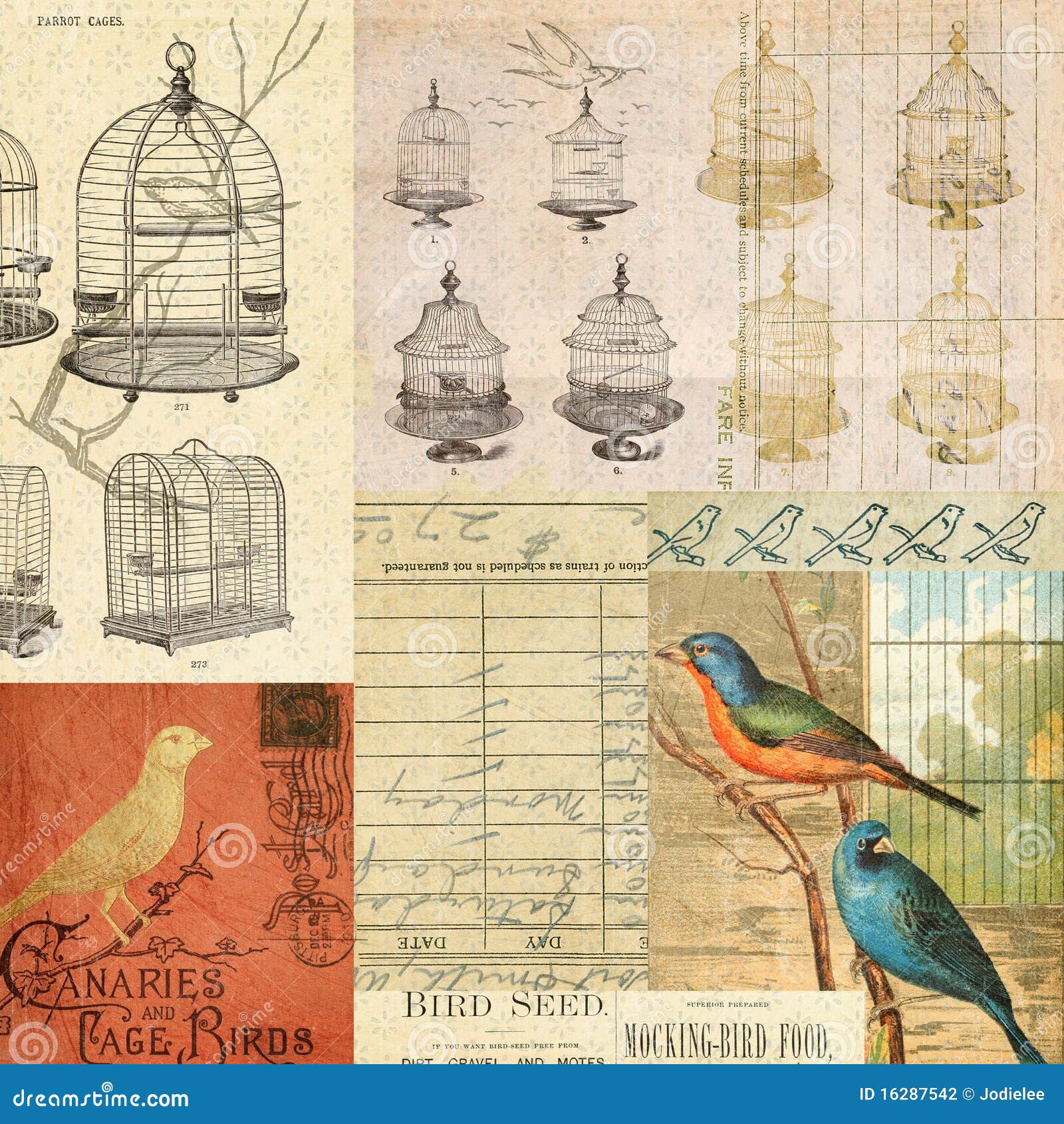 vintage birds and cages collage montage background