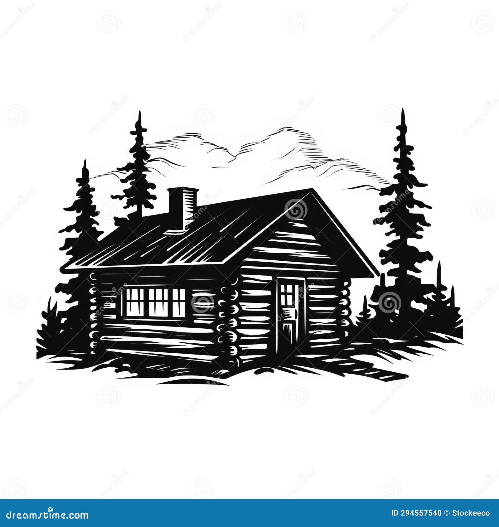 Vintage Black and White Log Cabin Graphic Art Stock Illustration ...