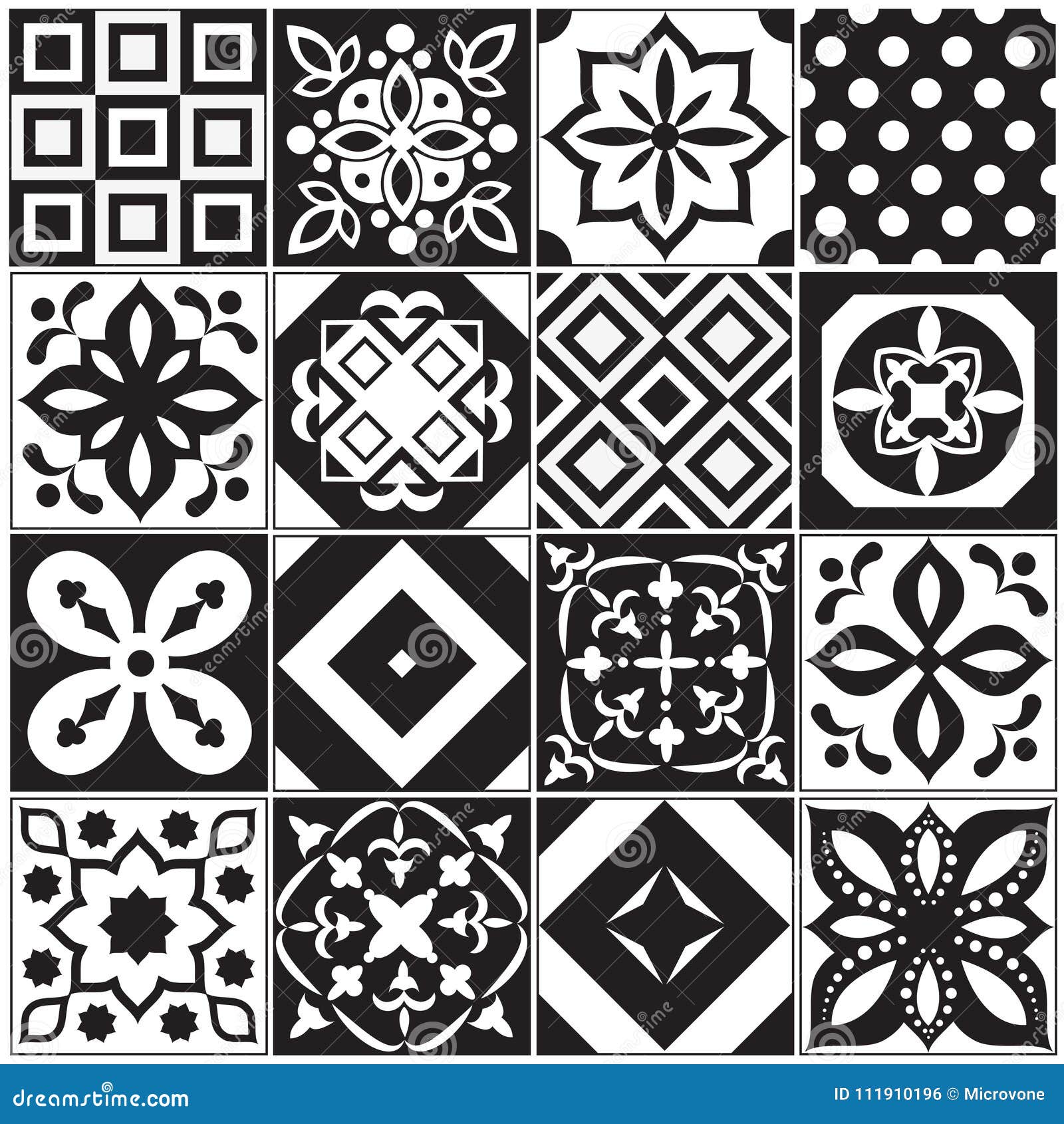 Vintage Black and White Traditional Ceramic Floor Tile Patterns Vector