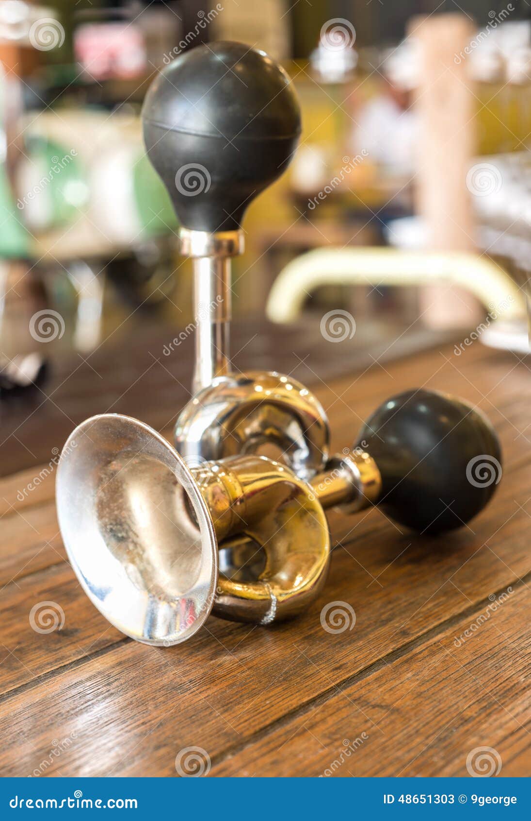 Vintage Brass Bicycle Horn on Wooden Table Stock Image Image of retro