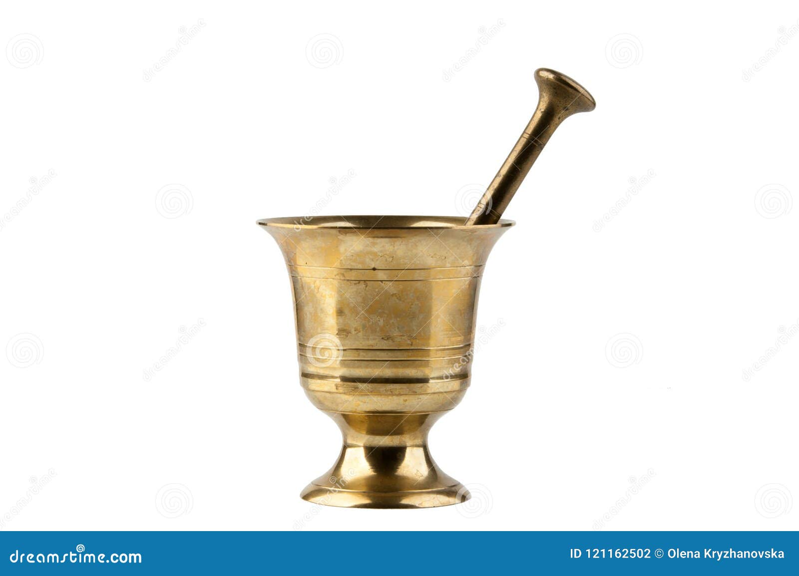 vintage brass mortar with pestle on white