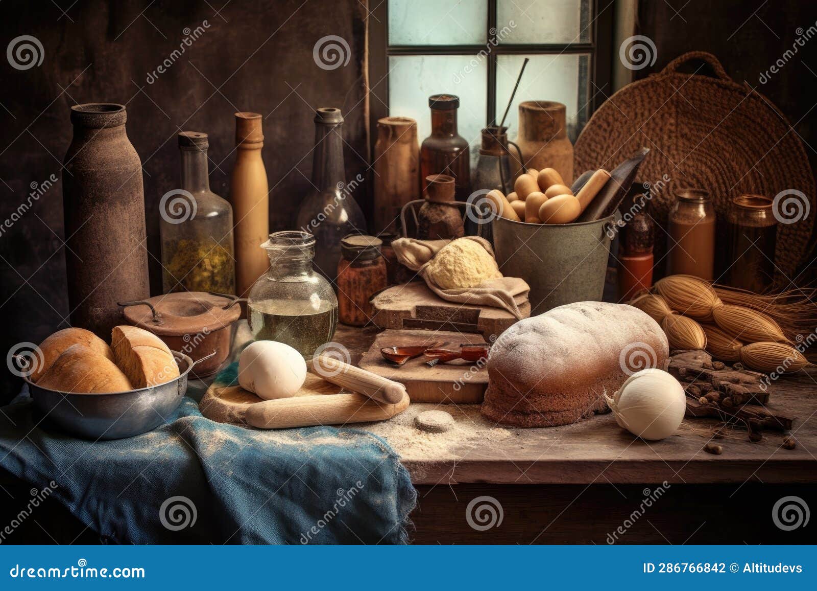 Vintage Bread Making Tools and Ingredients on Table Stock Photo Image