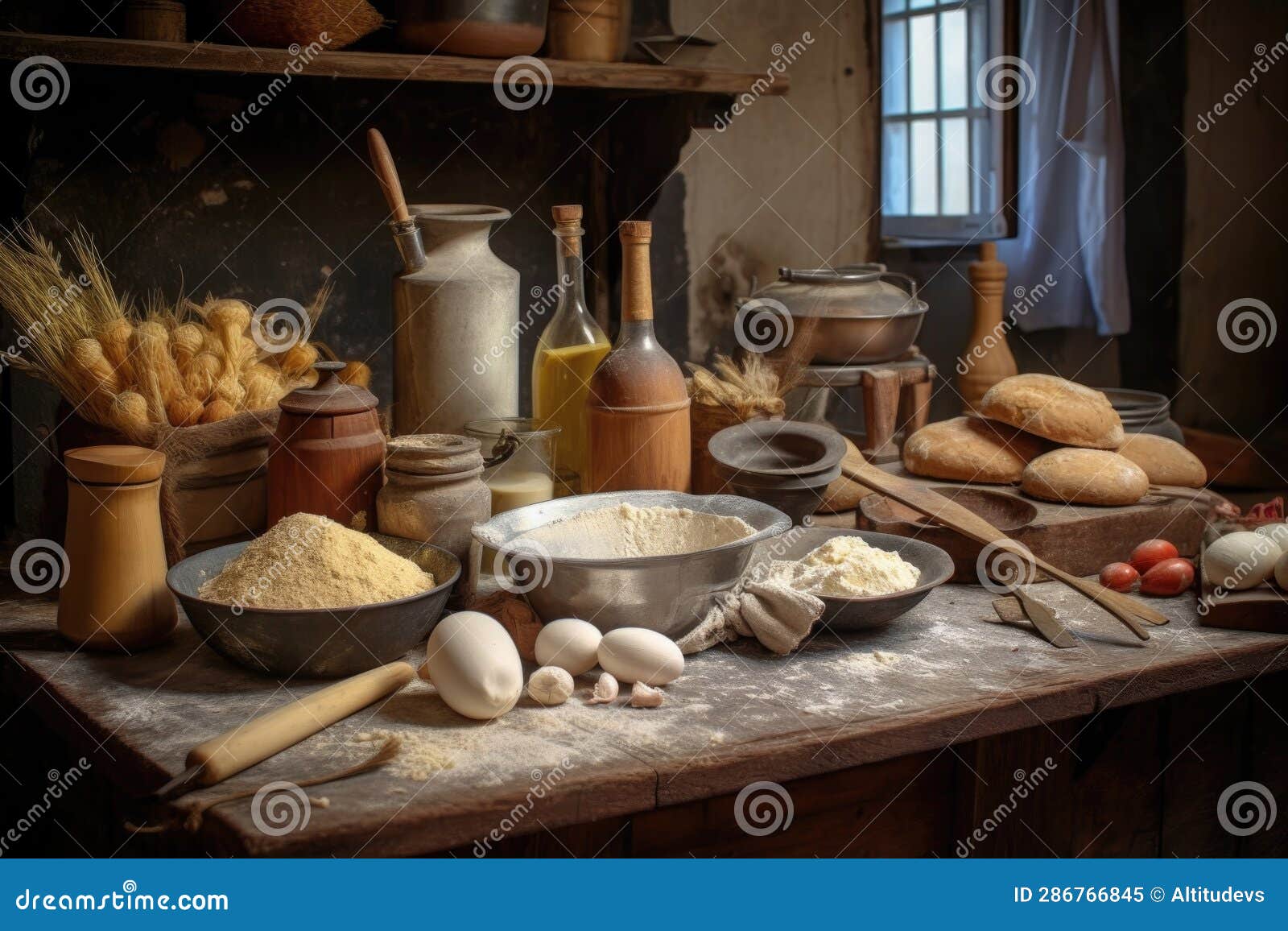 Vintage Bread Making Tools and Ingredients on Table Stock Image Image