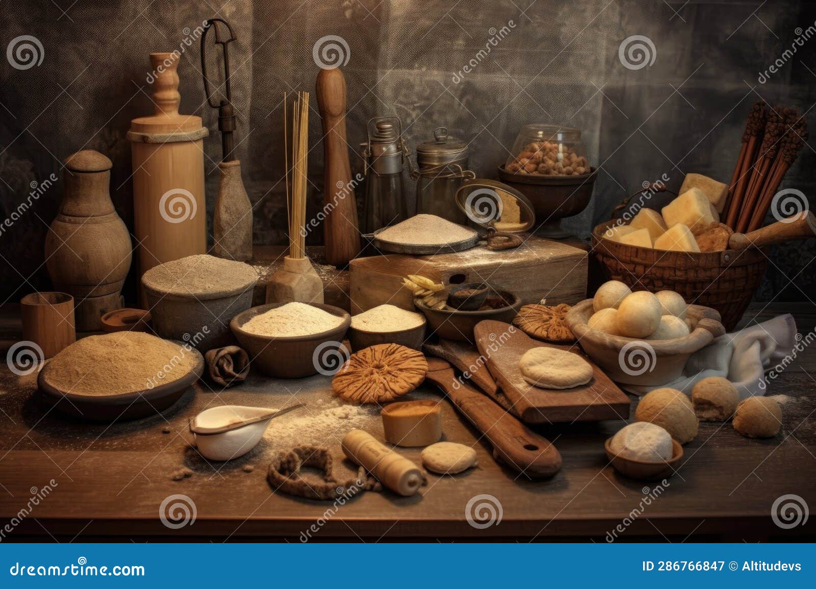 Vintage Bread Making Tools and Ingredients on Table Stock Image Image