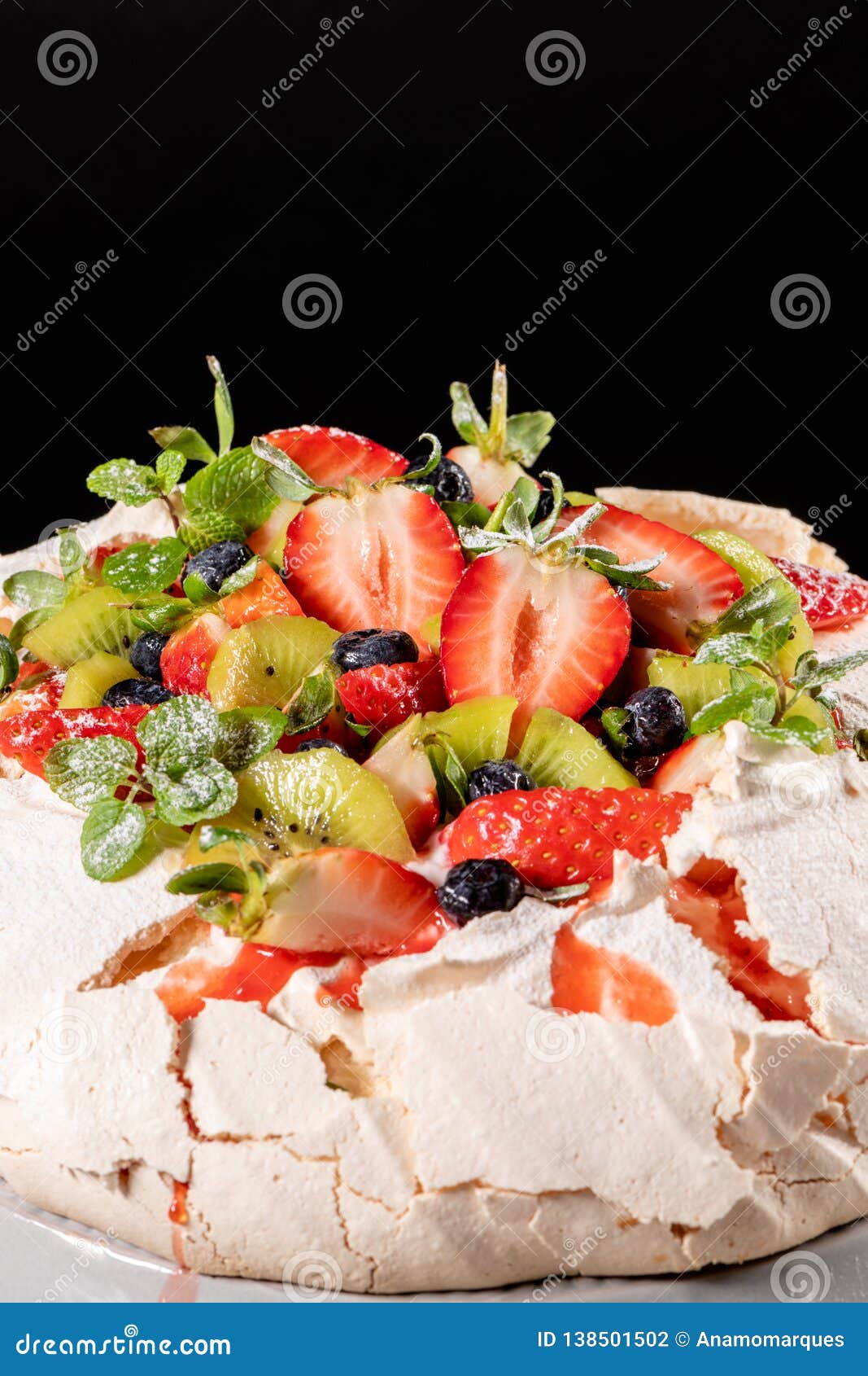 Pavlova Meringue Cake Dessert Made With Strawberries Kiwi Blueberries And Mint Stock Photo Image Of Ornate Mint 138501502