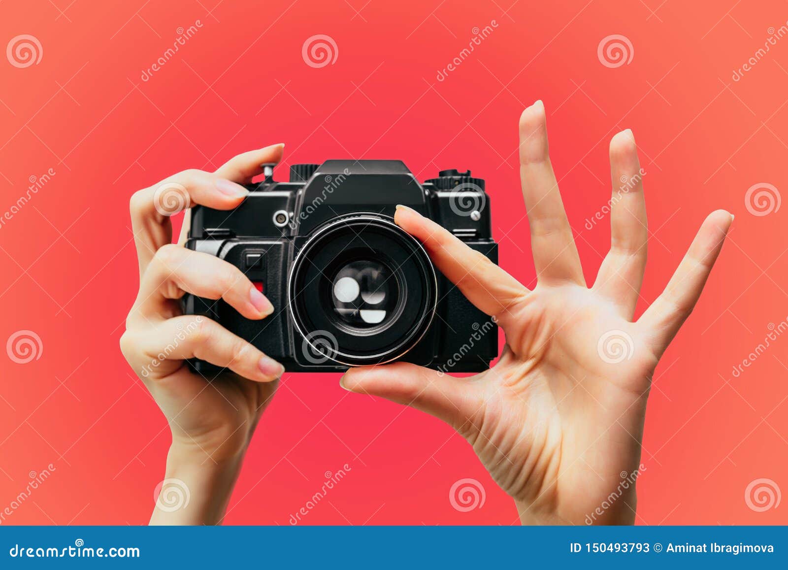 Vintage Camera in Female Hand. a Photo. Photographer. Manual Focus ...