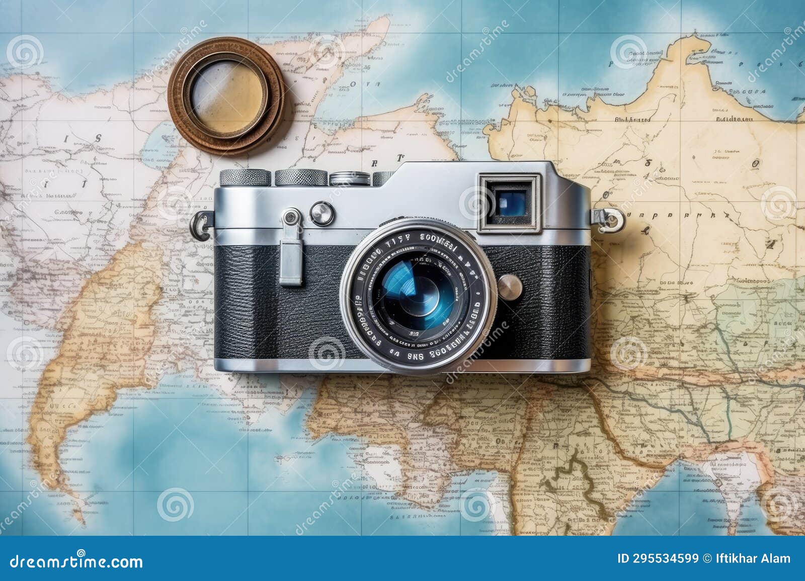 Topview of retro travel equipment on a wooden table. Vintage