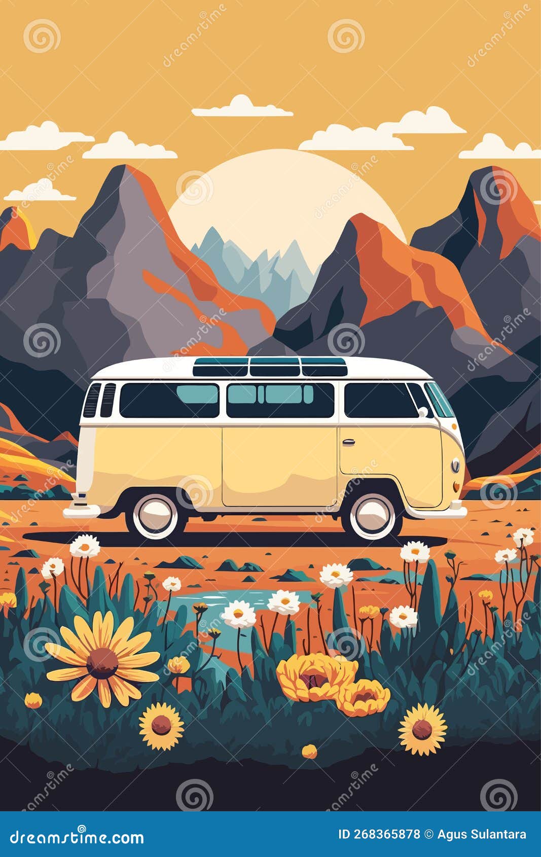 Vintage Camper Van on the Background of the Mountains. Vector ...