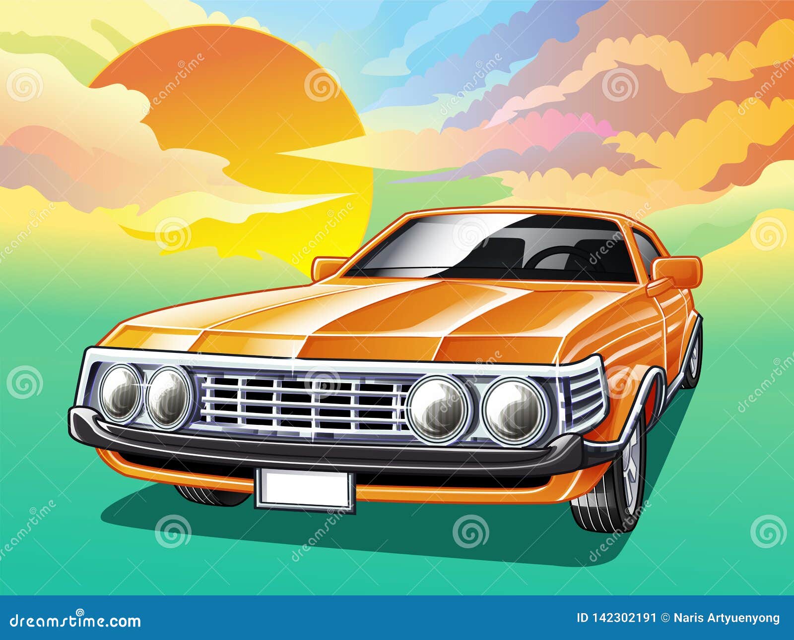 Vintage Car on Sky Background in Cartoon Style. Stock Vector