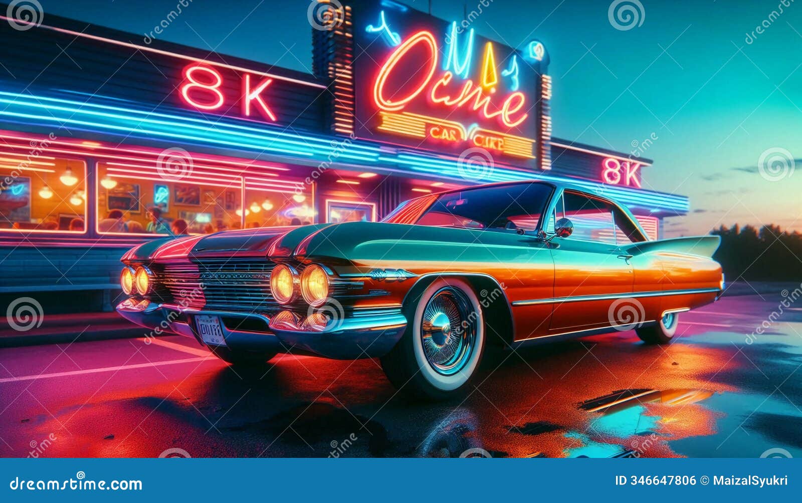 vintage car at retro diner with neon reflections in hyper-realistic 8k photography