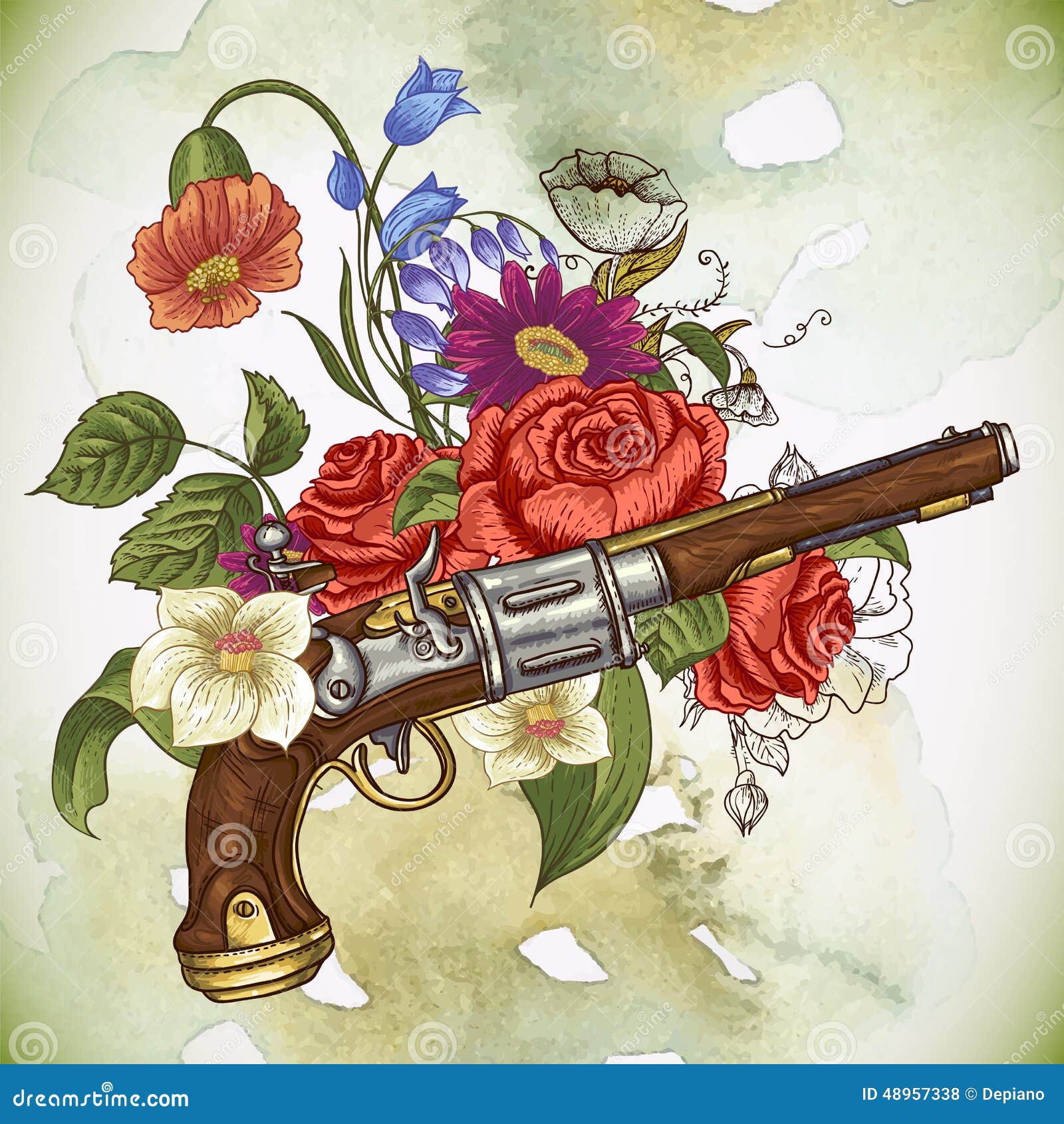 Download Vintage Card With A Gun And Flowers Stock Vector ...