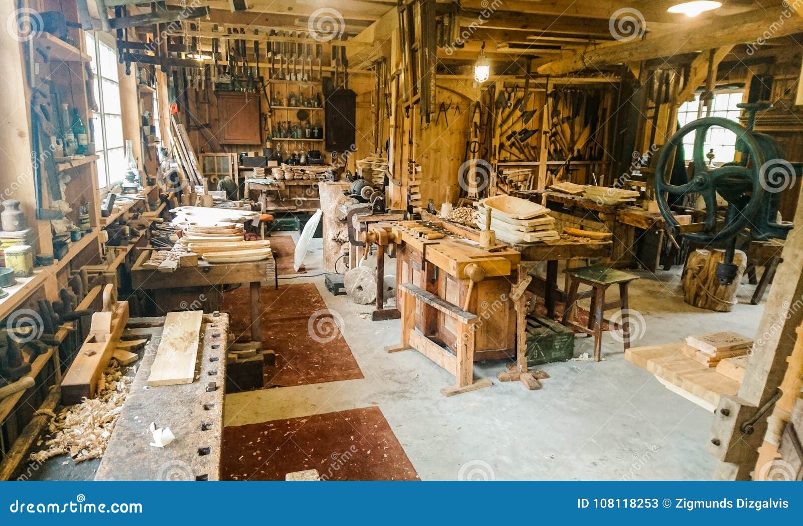 Vintage Carpentry Workshop With Many Tools Stock Image 