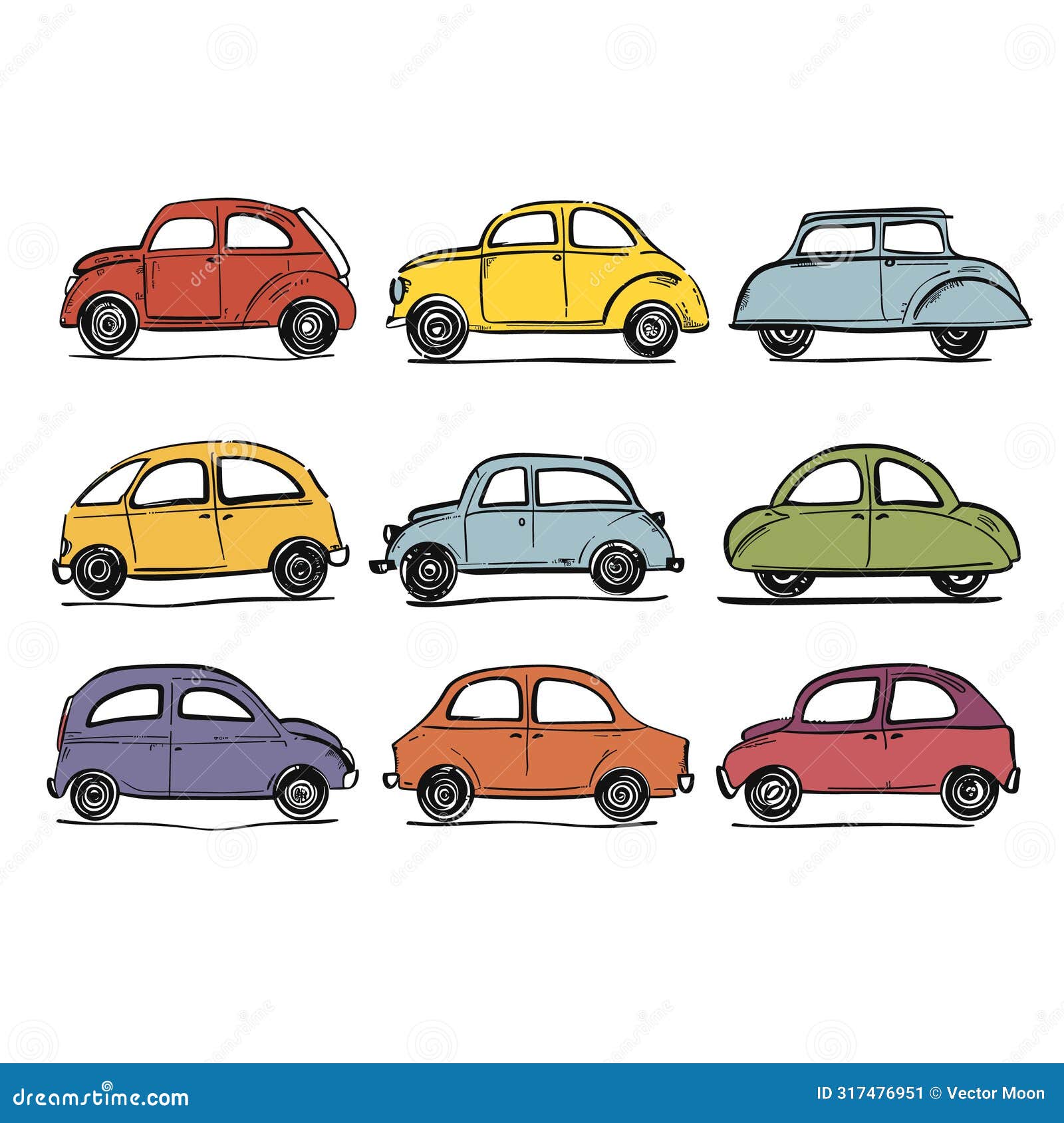 vintage cars colorful collection  white background. hand-drawn classic automobiles various