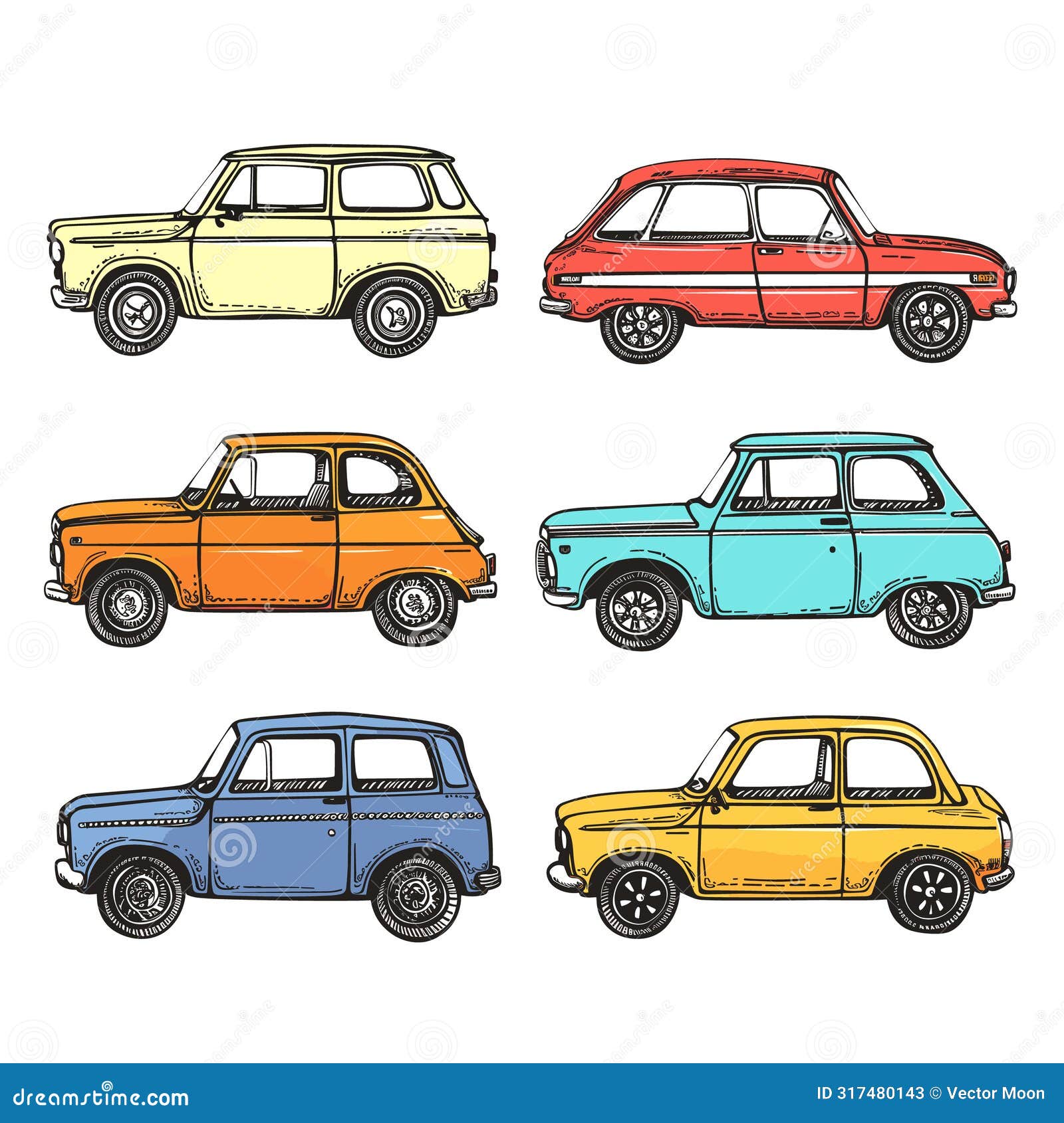 vintage cars handdrawn colored sketches  white background. classic automobiles collection
