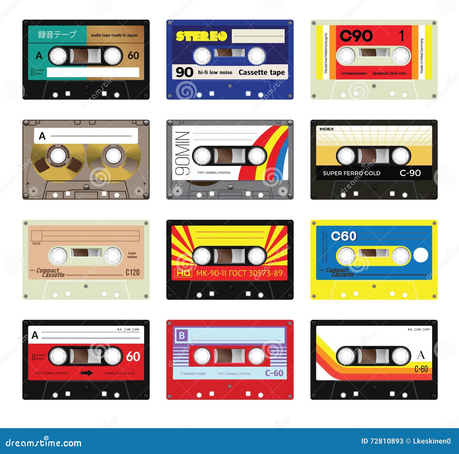 Tape recorders set vintage colorful Stock Vector